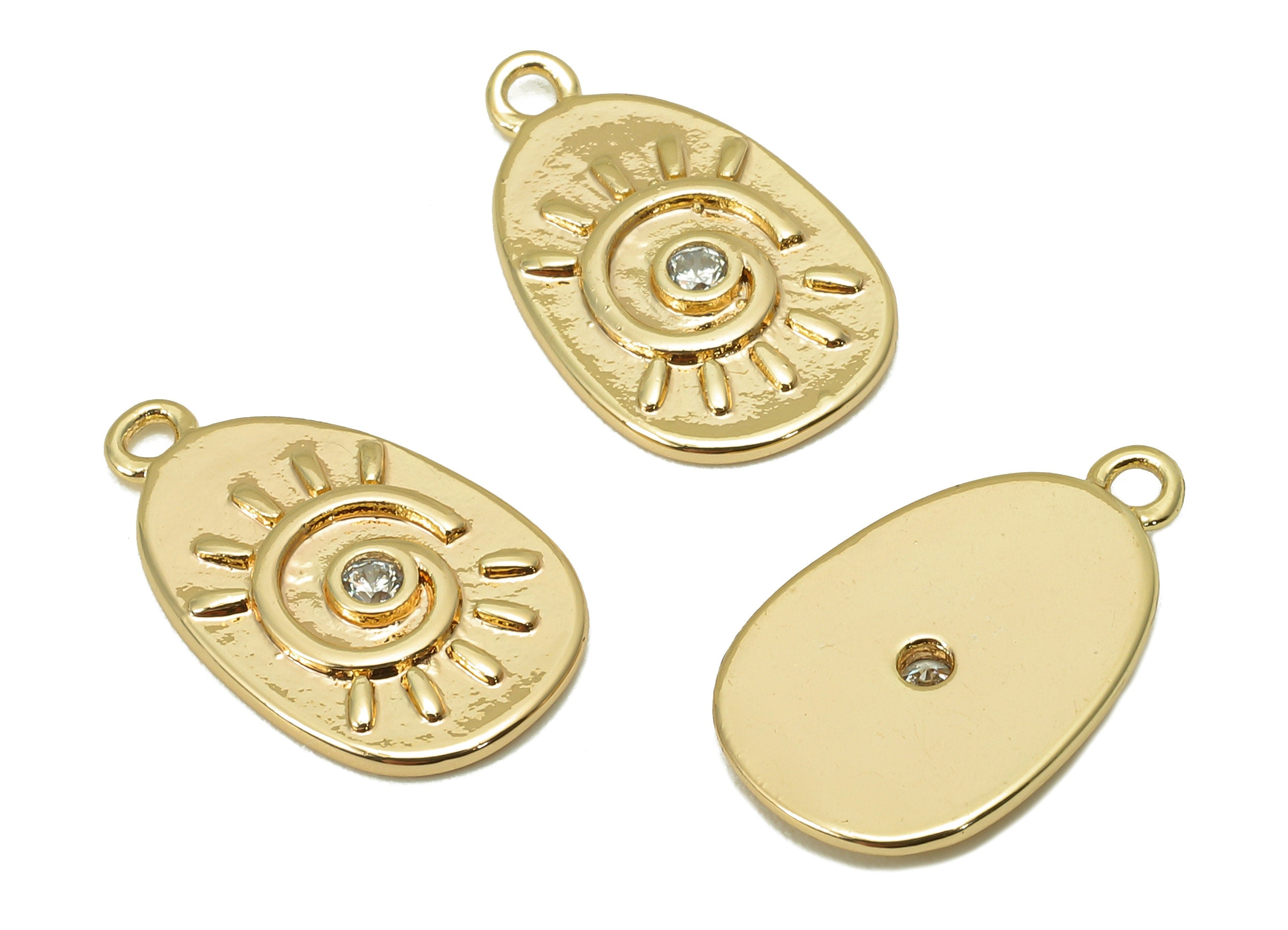 Brass CZ Sun Oval Earring - Cubic Zirconia Spiral Earring Charm - Eye Pendant With Loop - 18K Real Gold Plating - 16.5x10x1.6mm - RGP5803 - DOMEDBAZAAR