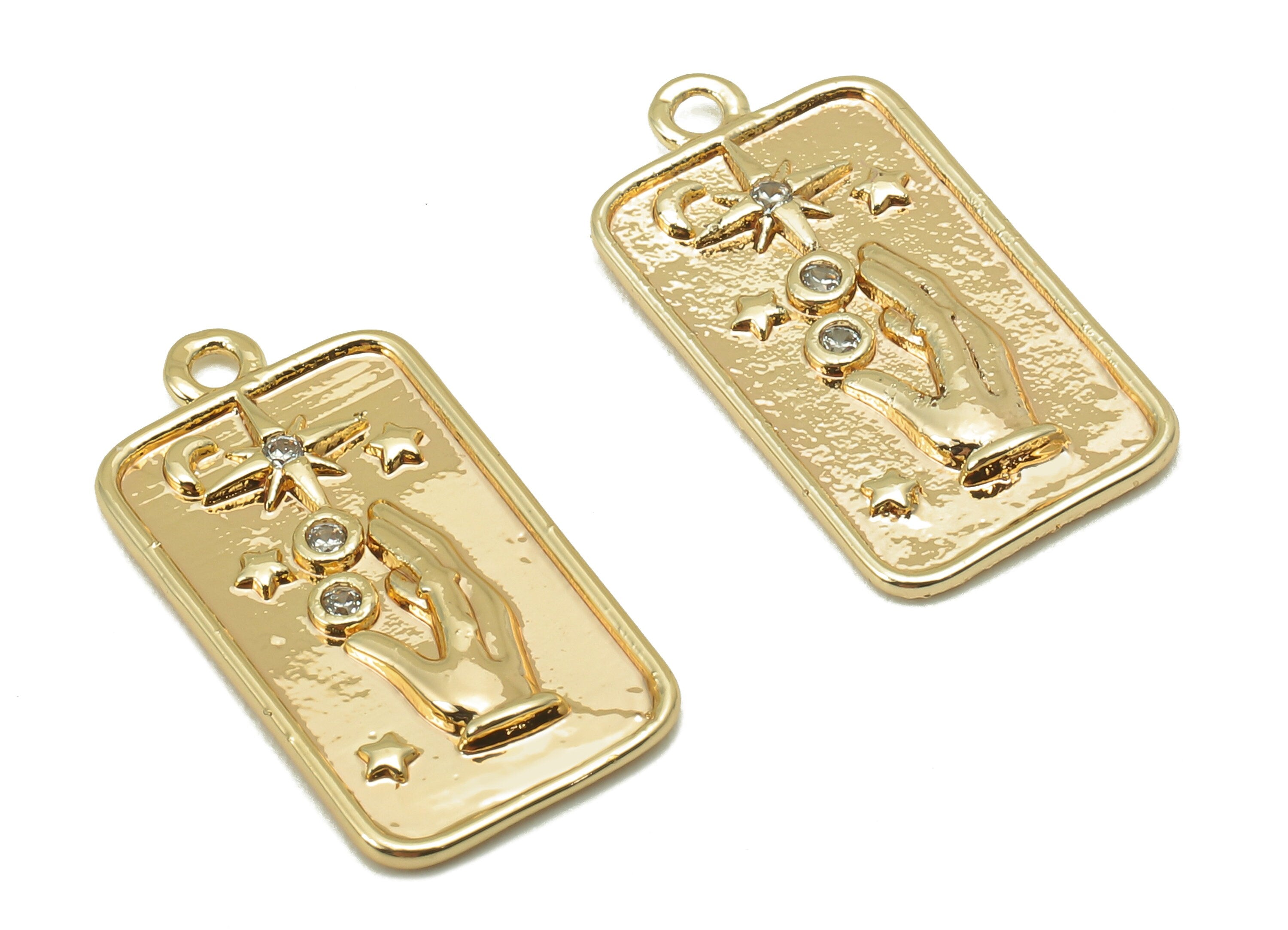 Brass CZ Hand Rectangle Charm - Cubic Zirconia Star Rectangle Earring - Pendant With Loop - 18K Real Gold Plating - 18.9x10x1.2mm - RGP5805 - DOMEDBAZAAR