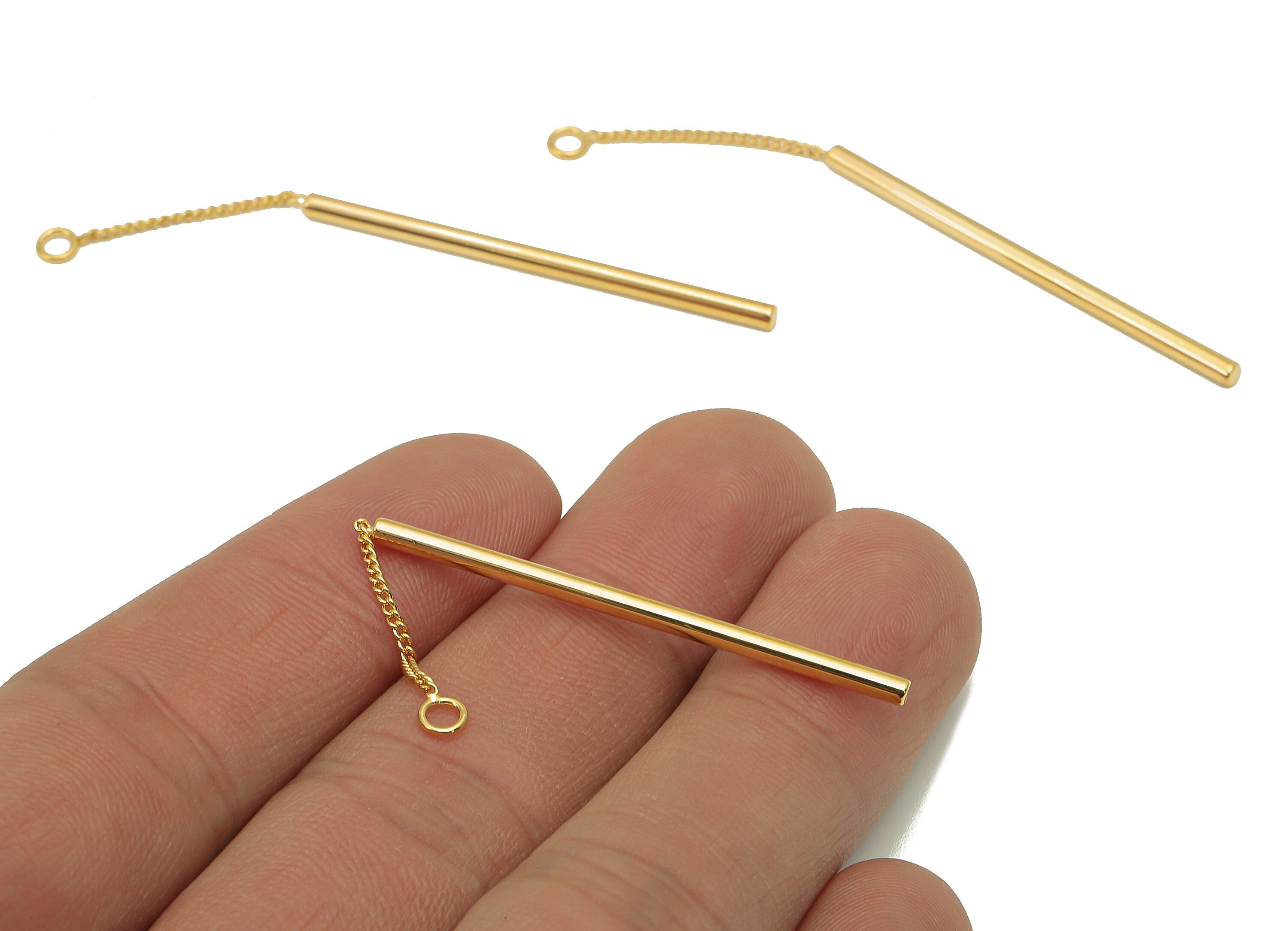 Brass Curb Chain Earring Charm - Cyclinder Stick Earring - Long Bar Pendant With Loop - 18K Real Gold Plating - 62.8x2.1x2.1mm - RGP5811 - DOMEDBAZAAR
