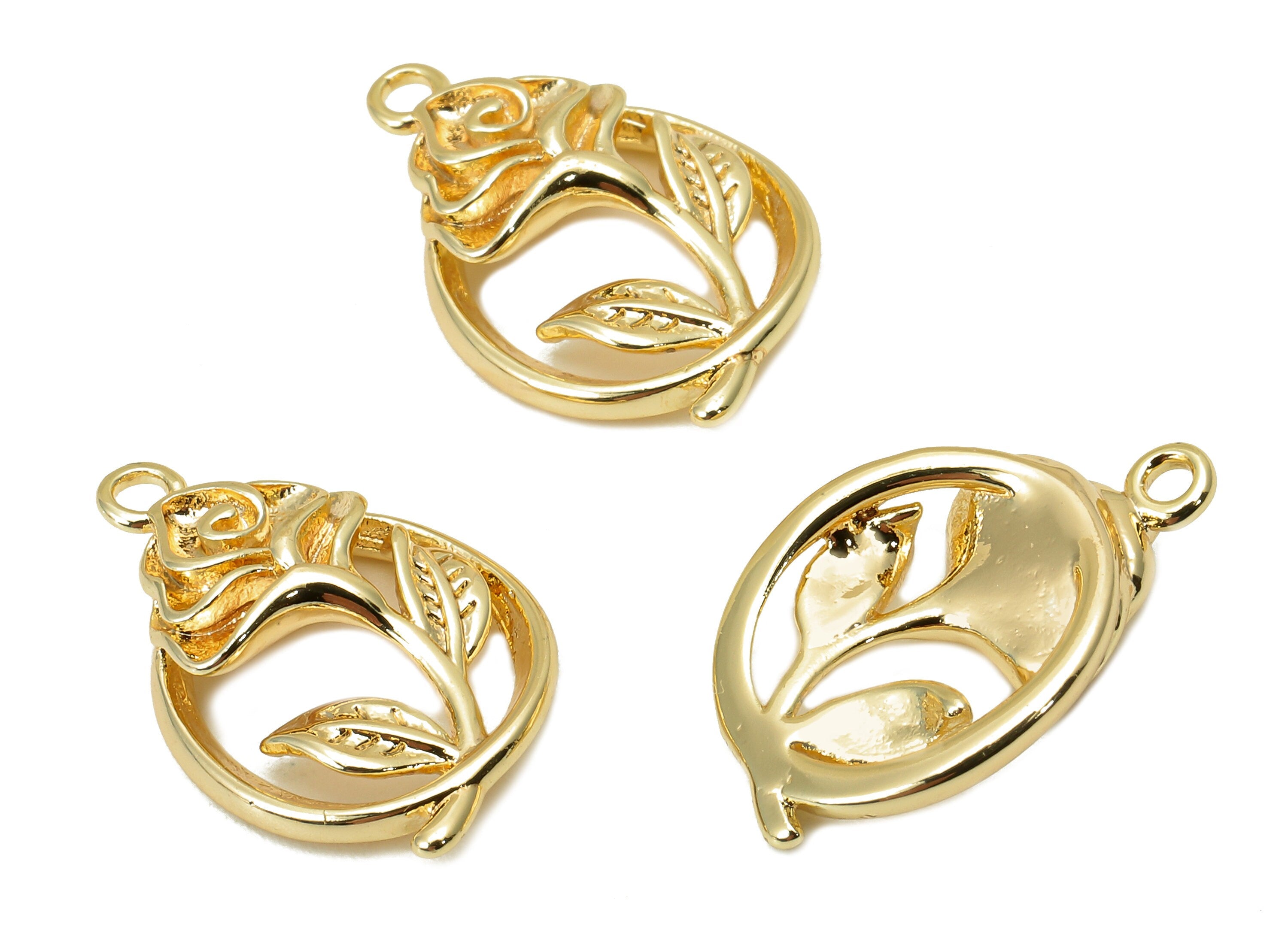 Brass Flower Oval Earring Charm - Relief Rose Hollow Oval Earring - Pendant With Loop - 18K Real Gold Plating - 18.3x12x2.8mm - RGP5812 - DOMEDBAZAAR