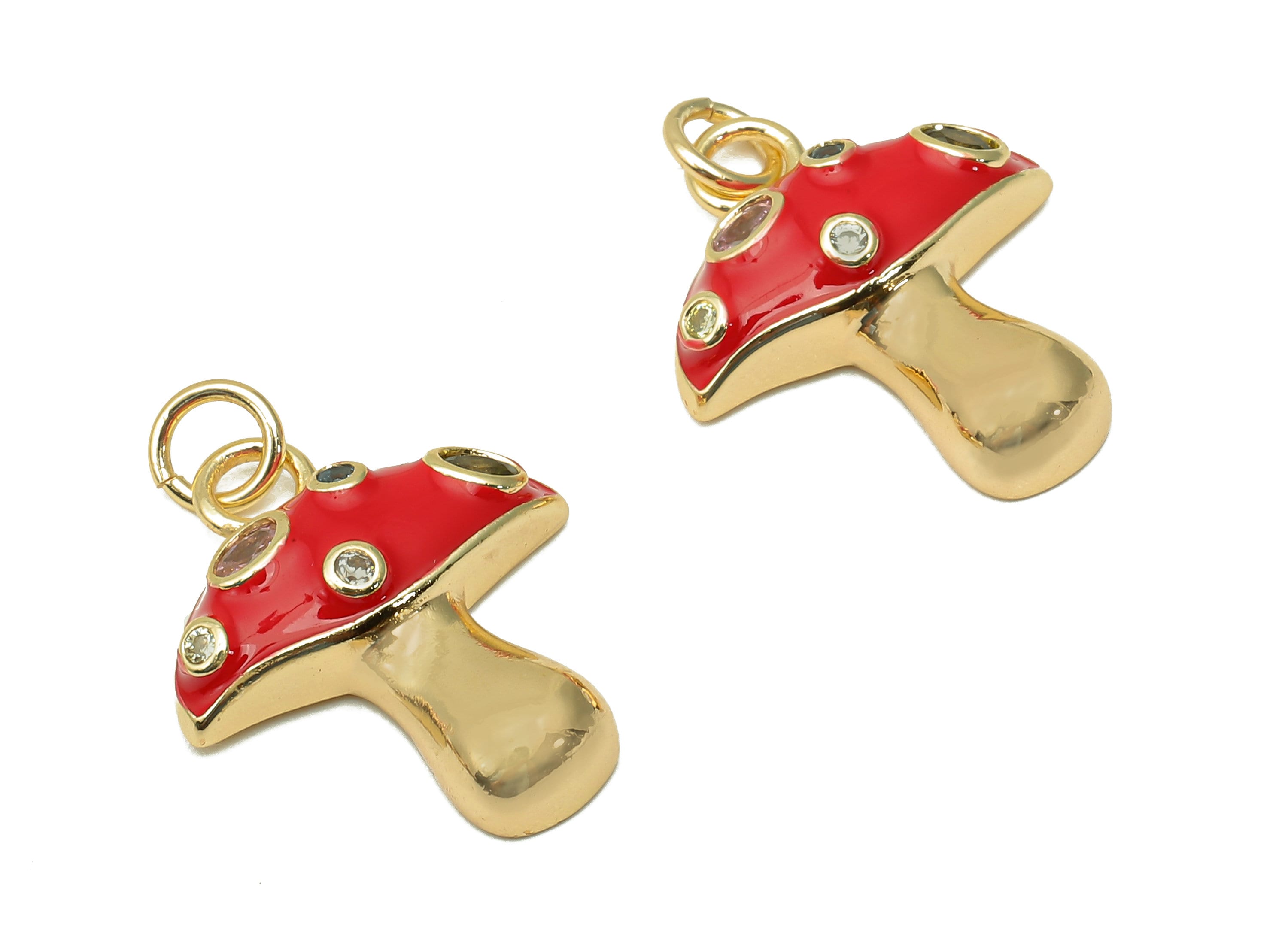 Brass Enamel Mushroom Pendant - Zircon Red Fungus Earring Charm - Necklace Charm With Loop - 18K Real Gold Plating - 23x16.9x1.5mm -RGP5662B - DOMEDBAZAAR
