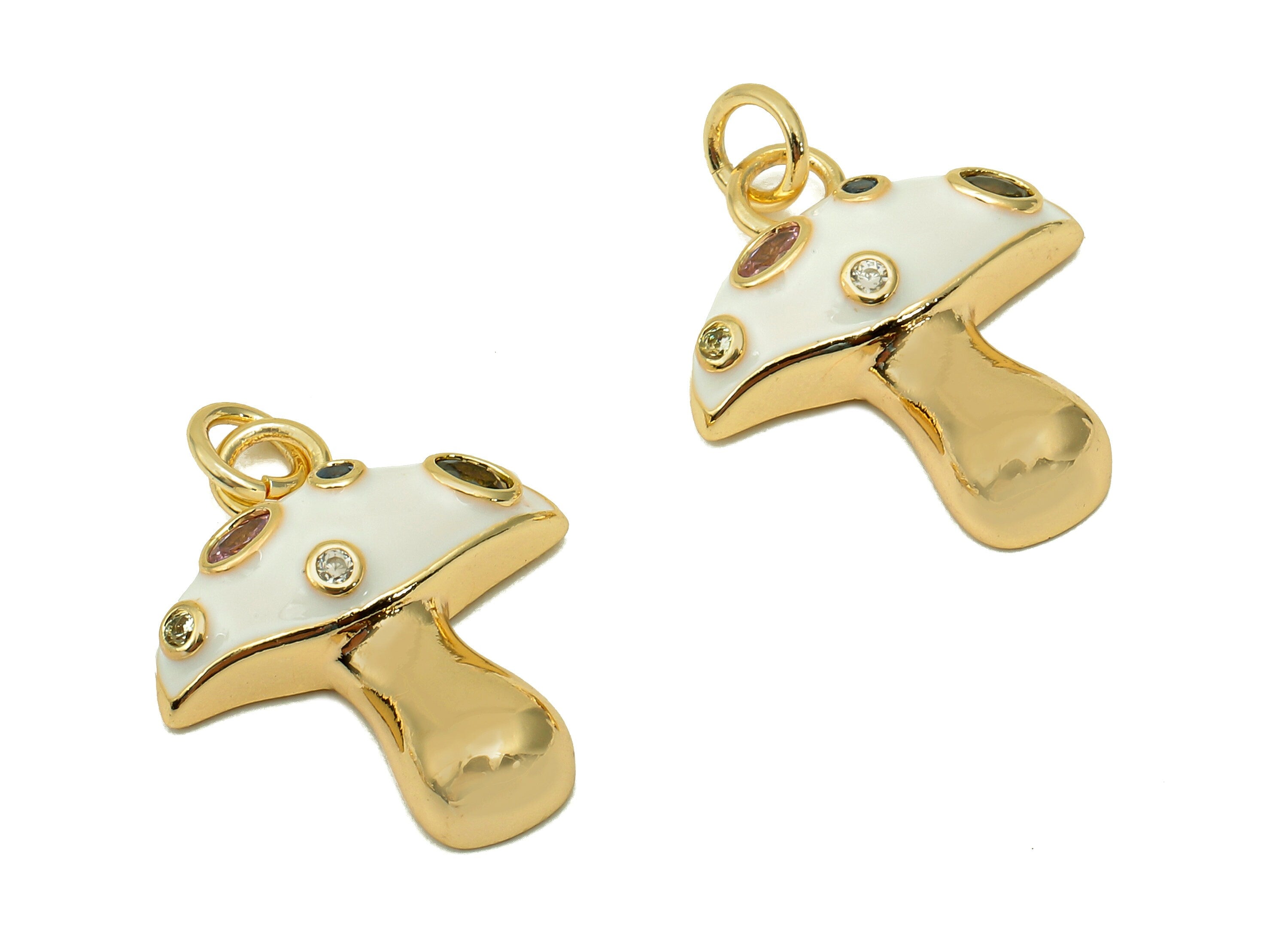Brass Enamel Mushroom Pendant - Zircon White Fungus Earring Charm - Necklace Charm With Loop - 18K Real Gold Plating -23x16.9x1.5mm-RGP5662D - DOMEDBAZAAR