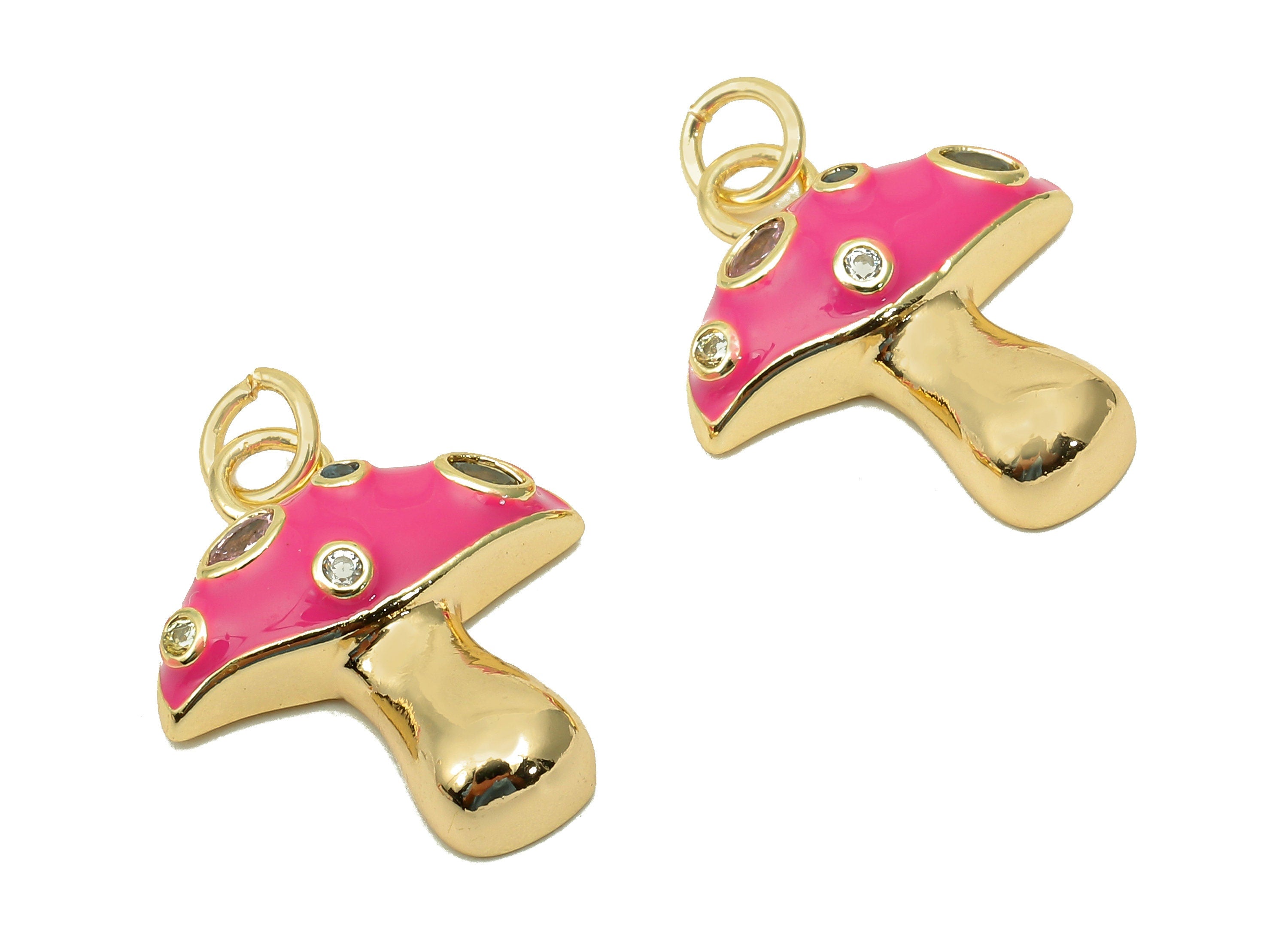 Brass Enamel Mushroom Pendant - Zircon Pink Fungus Earring Charm - Necklace Charm With Loop - 18K Real Gold Plating - 23x16.9x1.5mm-RGP5662E - DOMEDBAZAAR