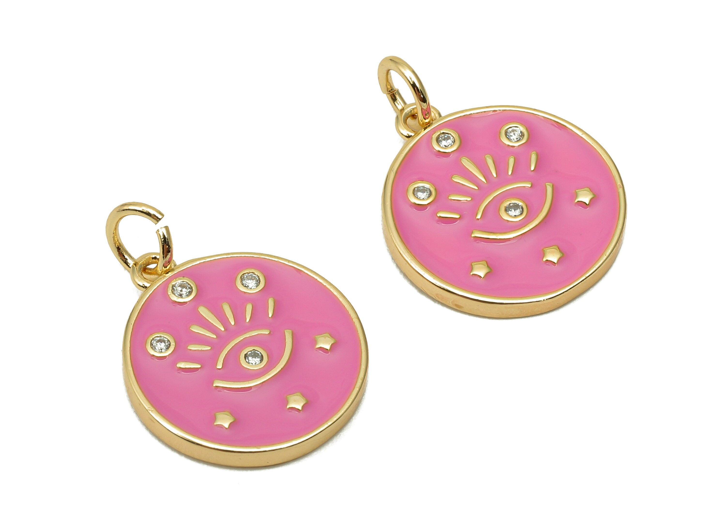 Brass Zircon Round Eyelash Pendant - Light Pink Enamel Eye Earring - Circle Charm With Loop - 18K Real Gold Plating - 20.3x15x1.7mm-RGP5663B - DOMEDBAZAAR