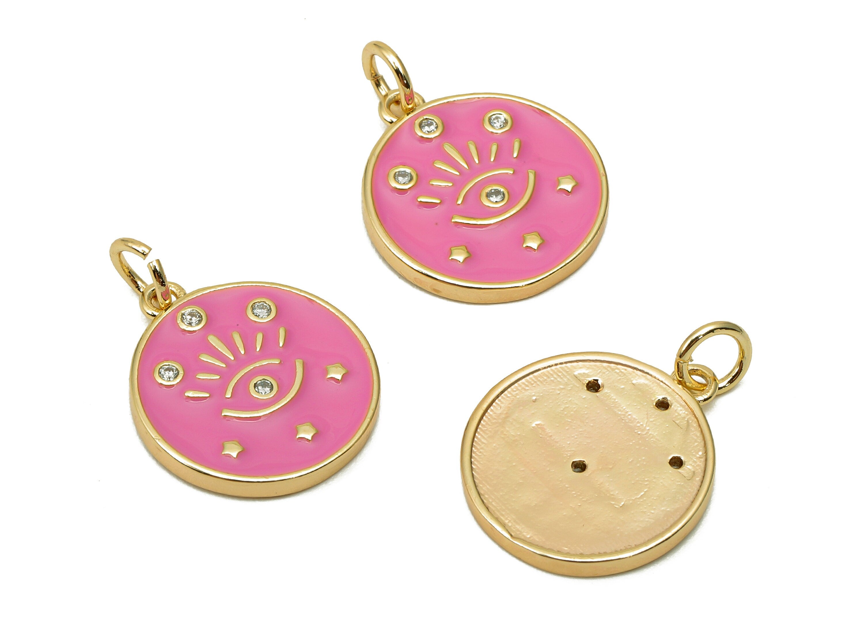 Brass Zircon Round Eyelash Pendant - Light Pink Enamel Eye Earring - Circle Charm With Loop - 18K Real Gold Plating - 20.3x15x1.7mm-RGP5663B - DOMEDBAZAAR