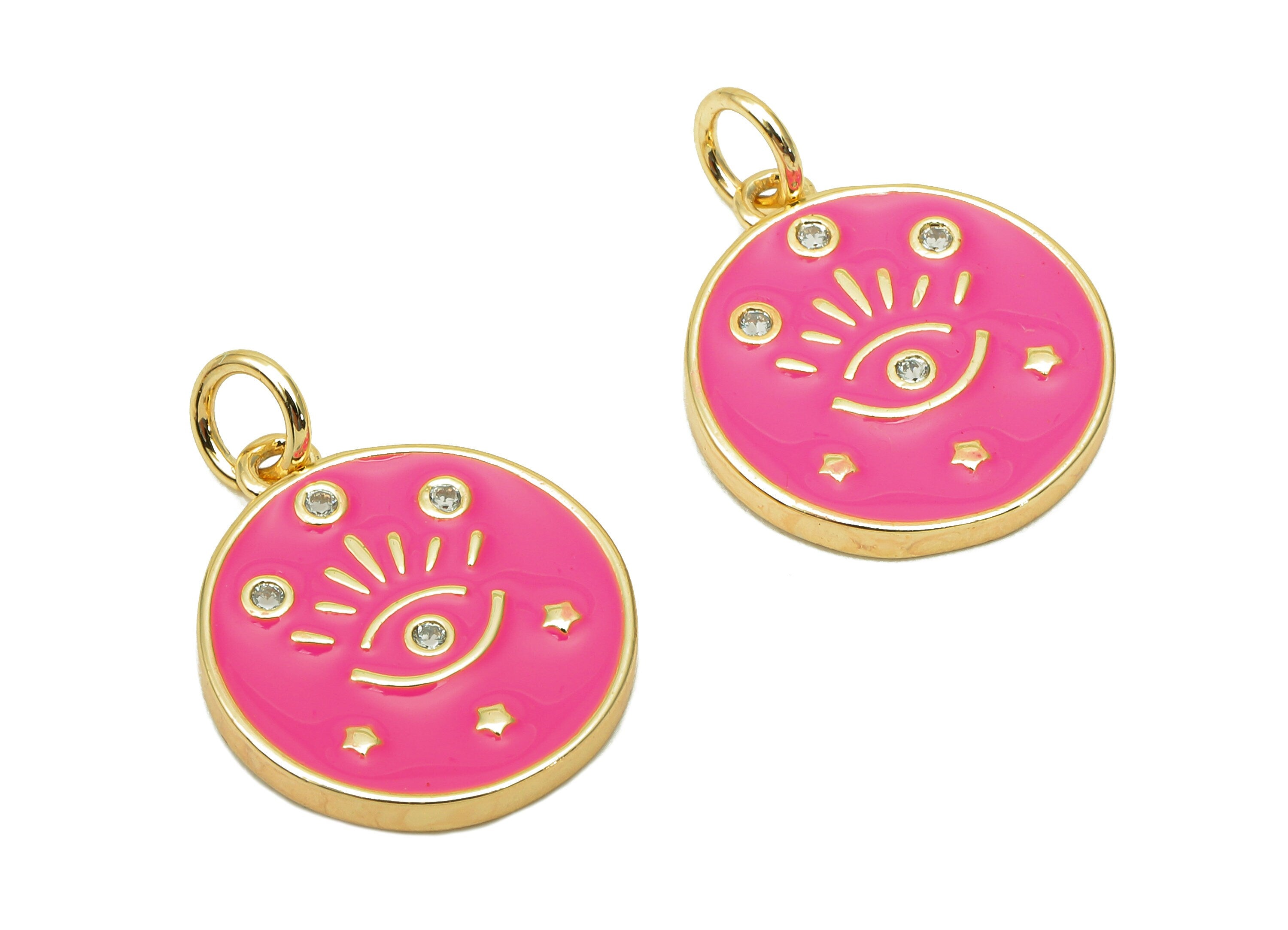 Brass Zircon Round Eyelash Pendant - Pink Enamel Eye Earring - Circle Charm With Loop - 18K Real Gold Plating - 20.3x15x1.7mm - RGP5663E - DOMEDBAZAAR