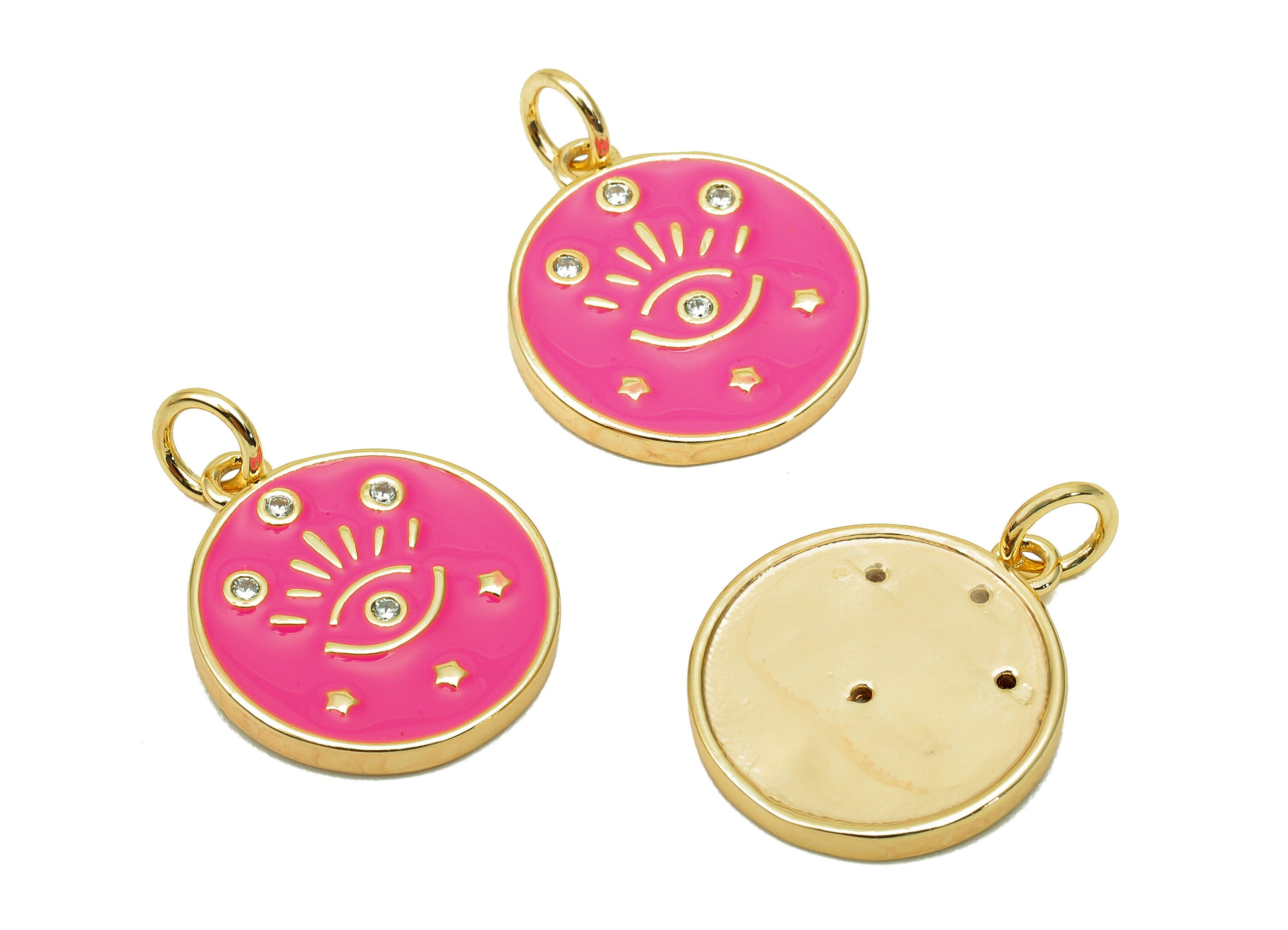 Brass Zircon Round Eyelash Pendant - Pink Enamel Eye Earring - Circle Charm With Loop - 18K Real Gold Plating - 20.3x15x1.7mm - RGP5663E - DOMEDBAZAAR