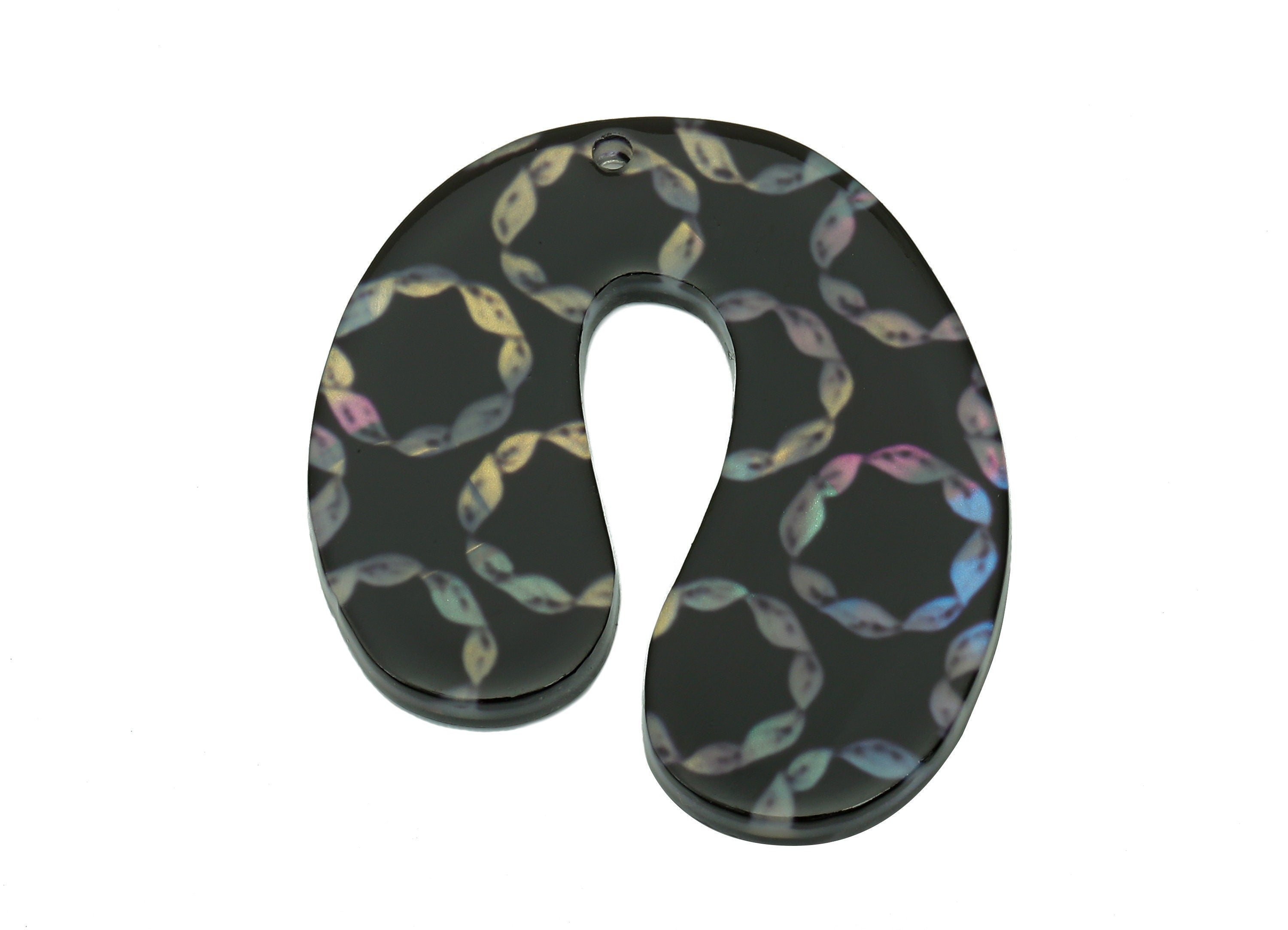 PVC Black U Earring Charm - PVC U Circle Print Pendant With Hole - Earring Findings - Color Code: A864 - 32.86x28.64x2.5mm - AC2537-A864 - DOMEDBAZAAR