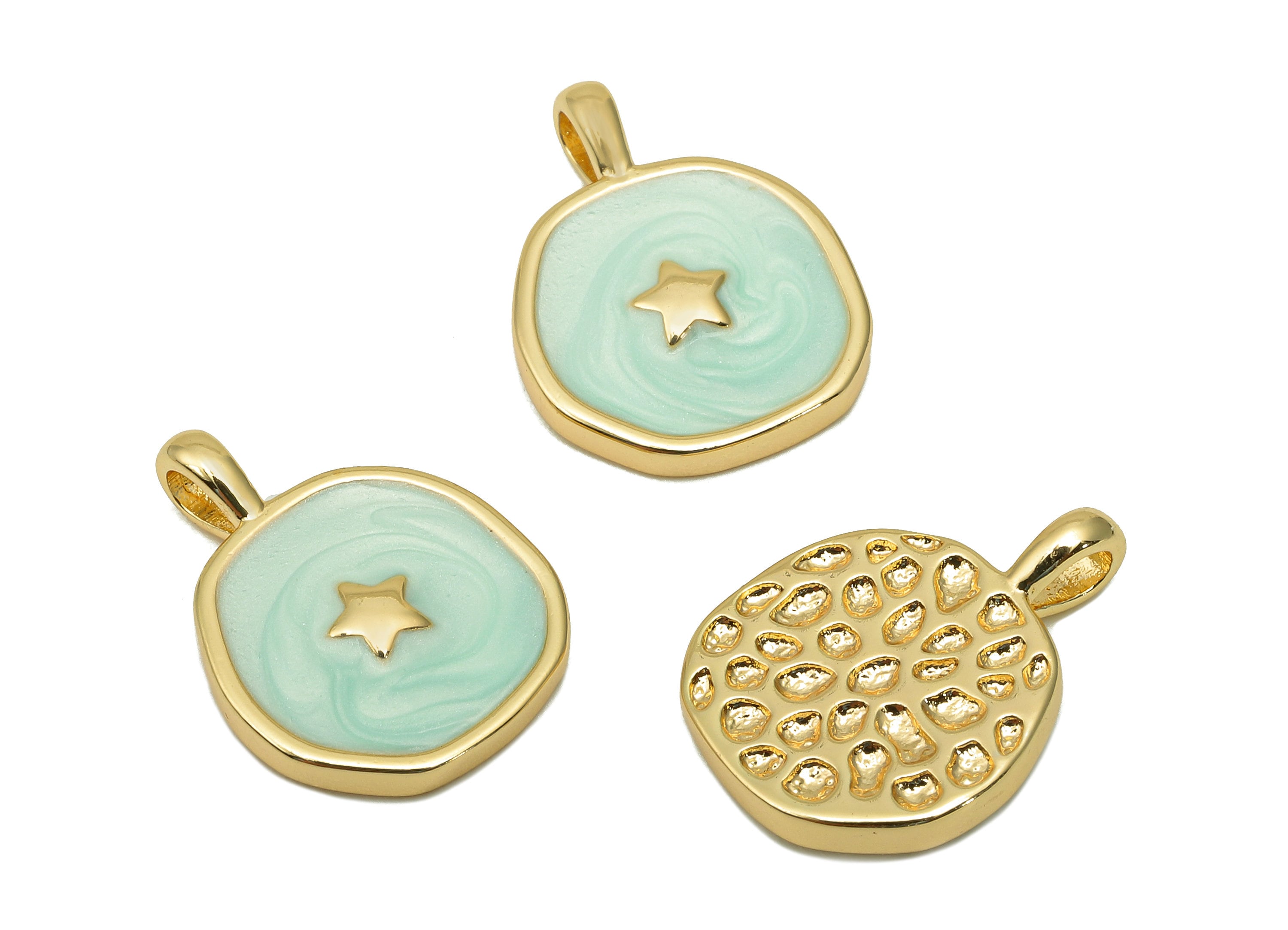 Brass Hammered Round Star Pendant - Gold Circle Enamel Earring - Necklace Charm With Loop - 18K Real Gold Plating - 17.5x13.3x1.8mm-RGP5664A - DOMEDBAZAAR