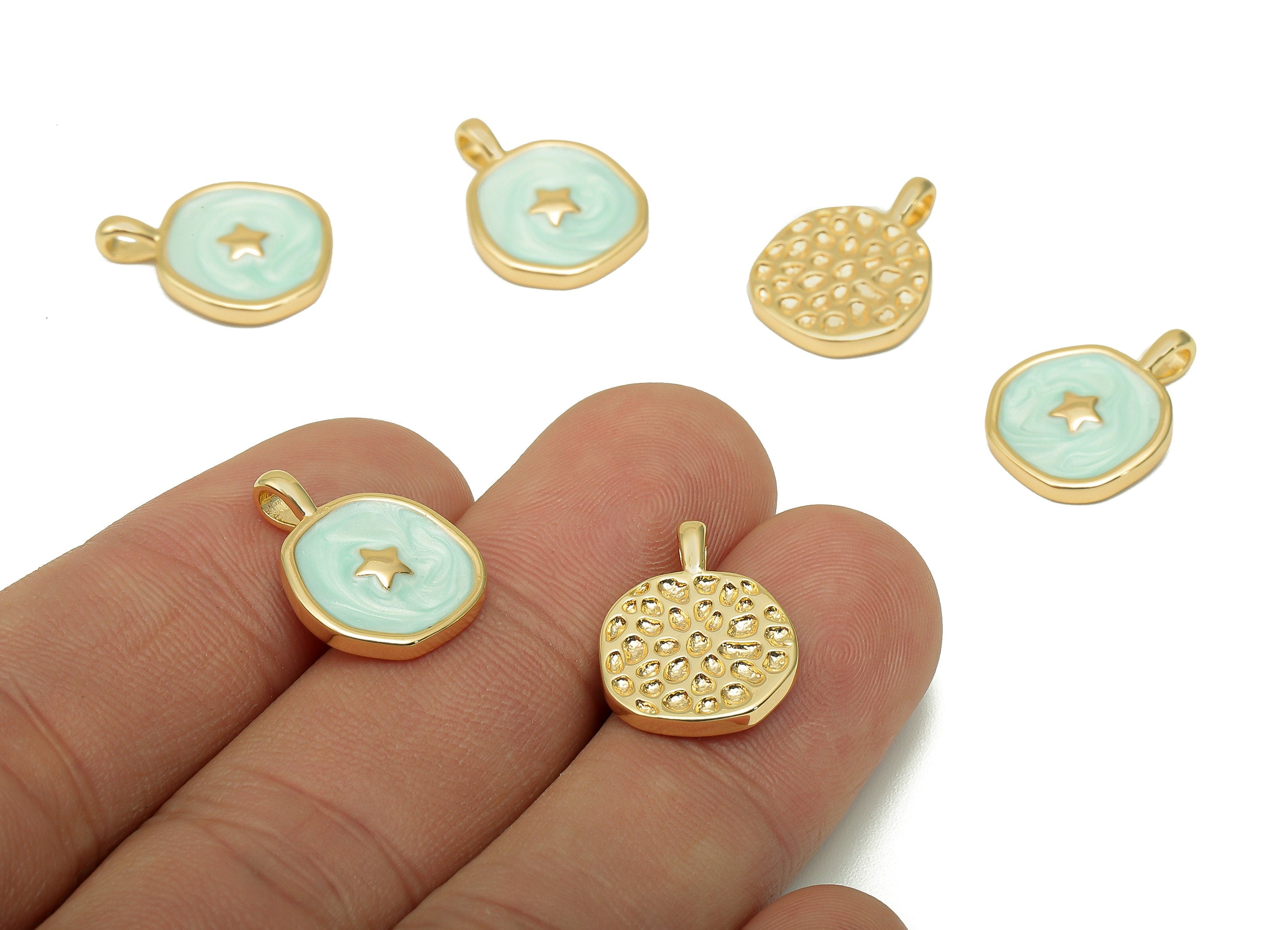 Brass Hammered Round Star Pendant - Gold Circle Enamel Earring - Necklace Charm With Loop - 18K Real Gold Plating - 17.5x13.3x1.8mm-RGP5664A - DOMEDBAZAAR