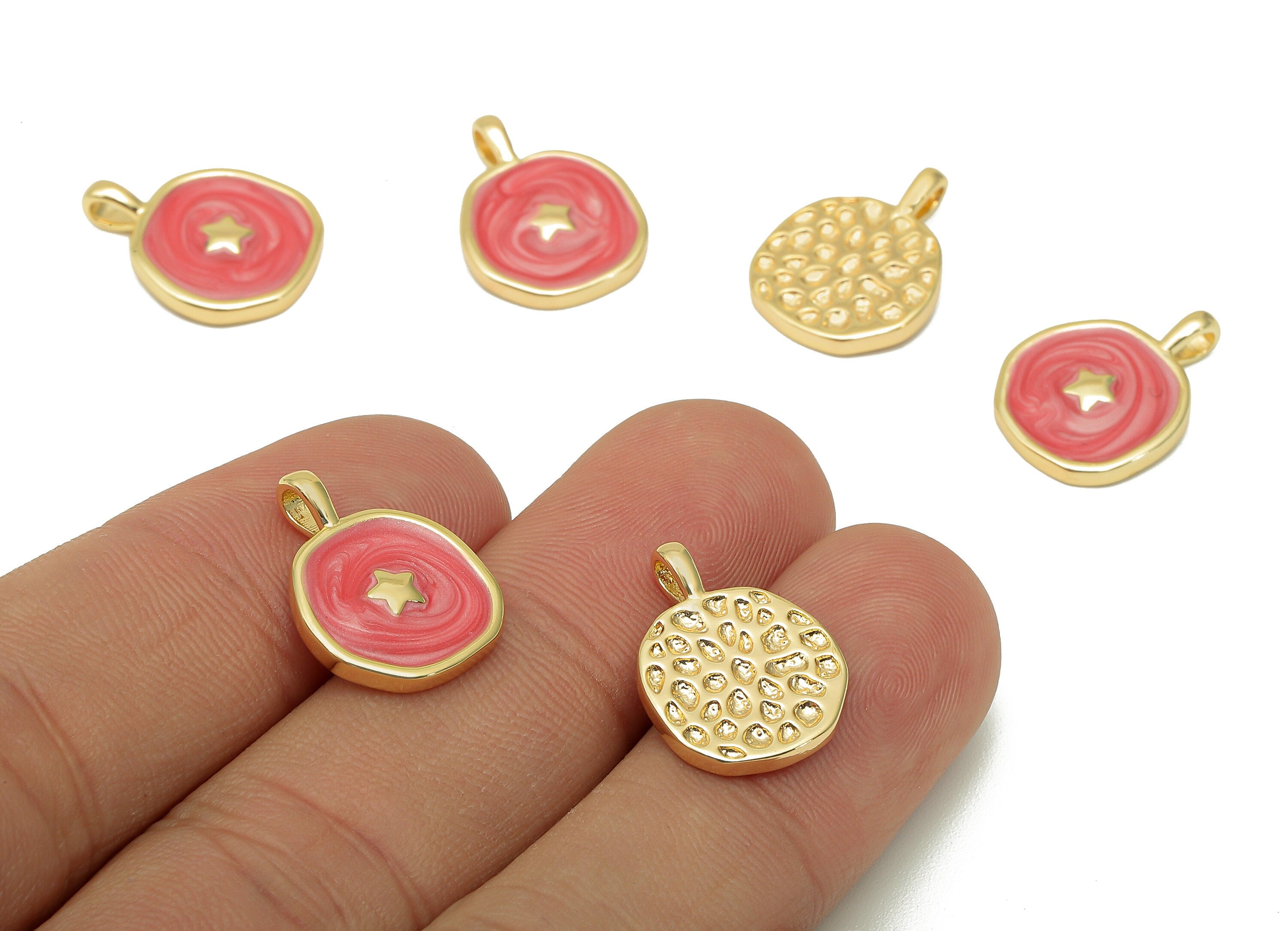 Brass Hammered Round Star Pendant - Pink Circle Enamel Earring - Necklace Charm With Loop - 18K Real Gold Plating - 17.5x13.3x1.8mm-RGP5664D - DOMEDBAZAAR