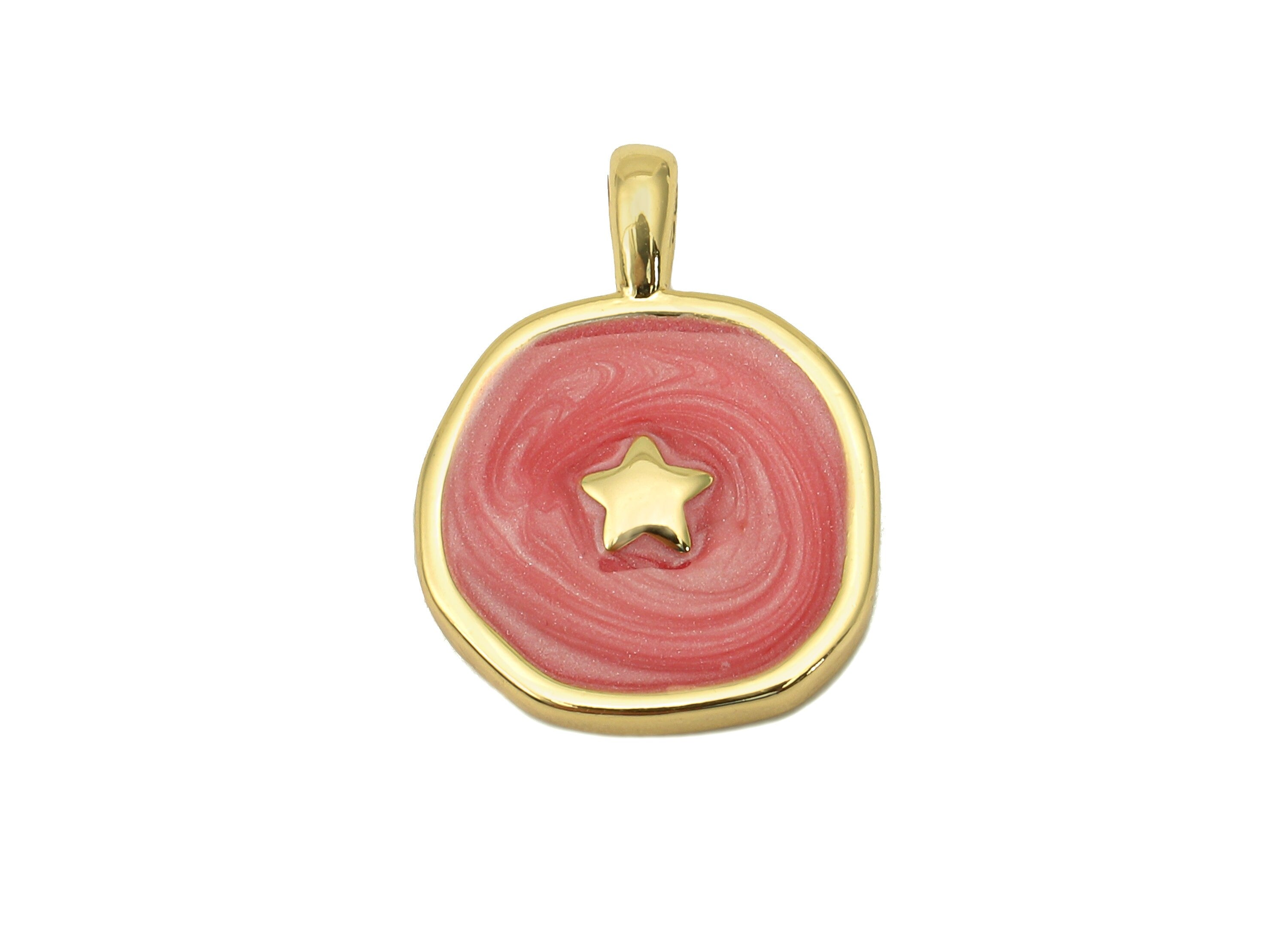 Brass Hammered Round Star Pendant - Pink Circle Enamel Earring - Necklace Charm With Loop - 18K Real Gold Plating - 17.5x13.3x1.8mm-RGP5664D - DOMEDBAZAAR