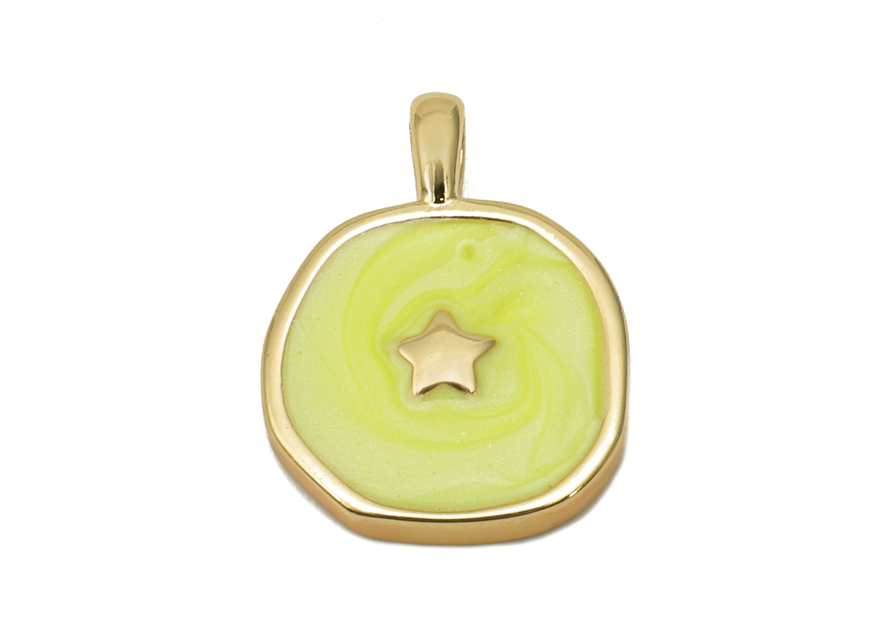 Brass Hammered Round Star Pendant - Yellow Circle Enamel Earring - Necklace Charm With Loop - 18K Real Gold Plating-17.5x13.3x1.8mm-RGP5664E - DOMEDBAZAAR