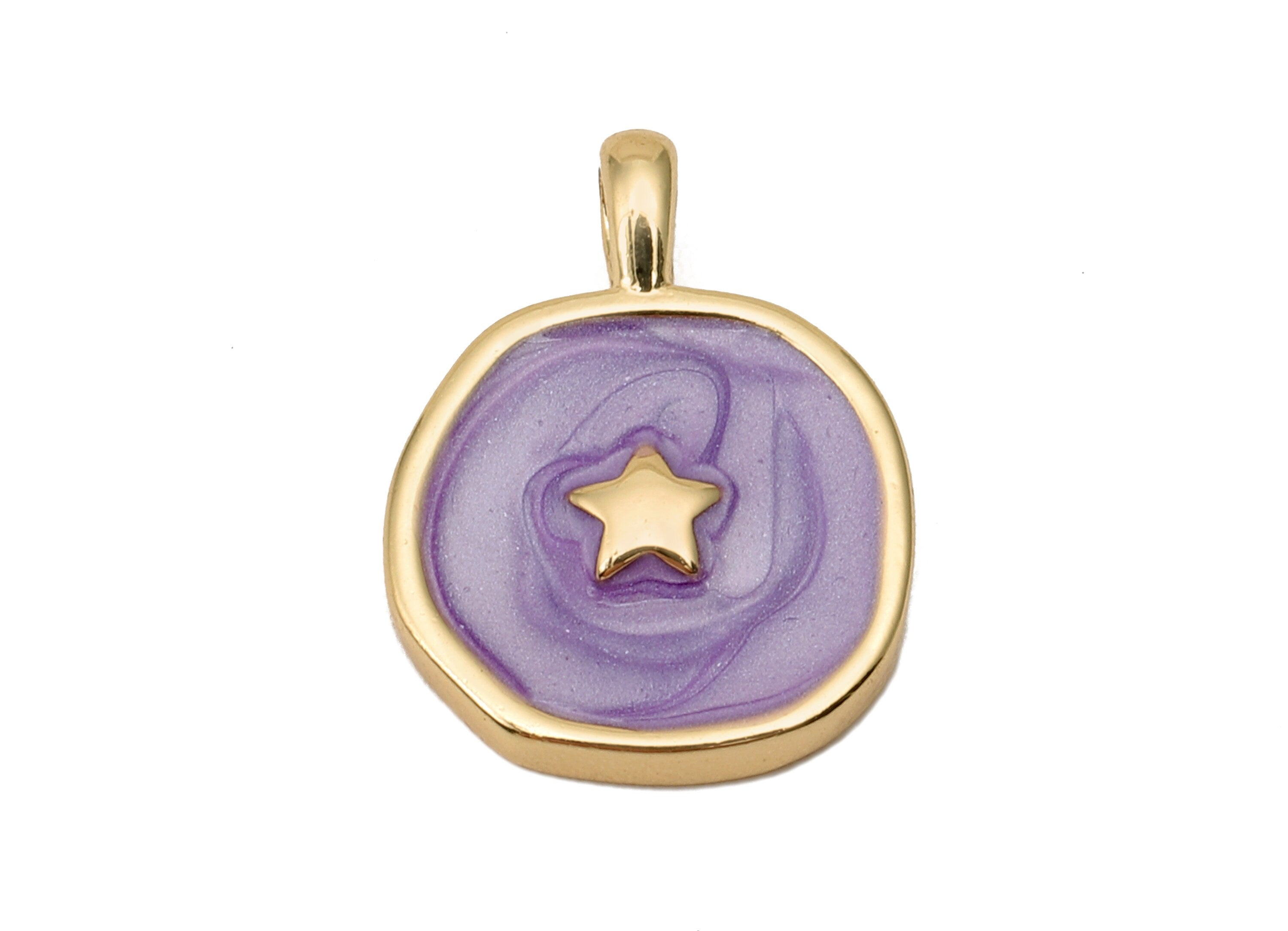 Brass Hammered Round Star Pendant - Purple Circle Enamel Earring - Necklace Charm With Loop - 18K Real Gold Plating-17.5x13.3x1.8mm-RGP5664H - DOMEDBAZAAR