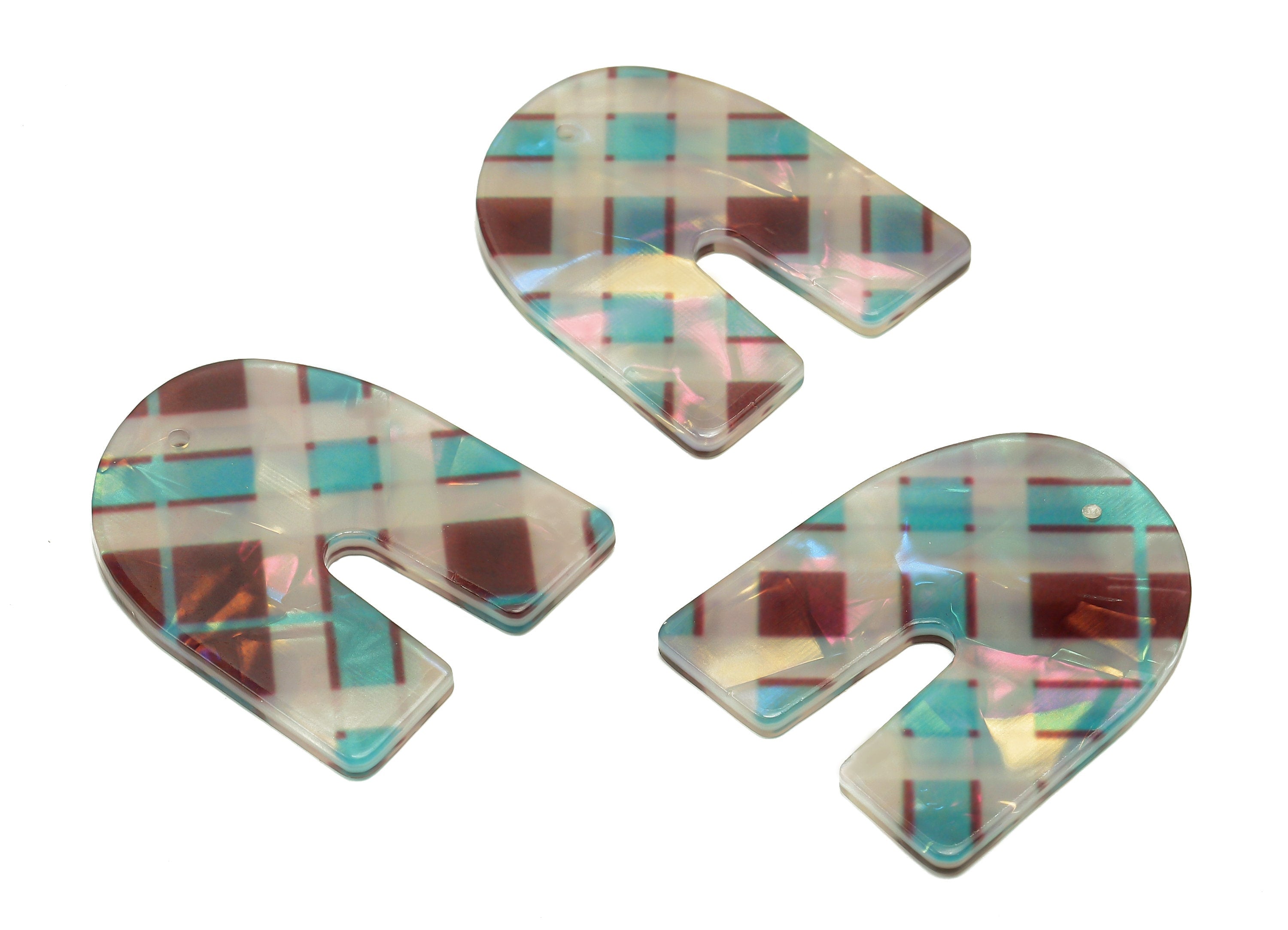 PVC Domed U Earring Charm - U Checkered Print Pendant With Hole - Earring Findings - Color Code: A866 - 37.7x31.2x2.5mm -AC2539-A866 - DOMEDBAZAAR