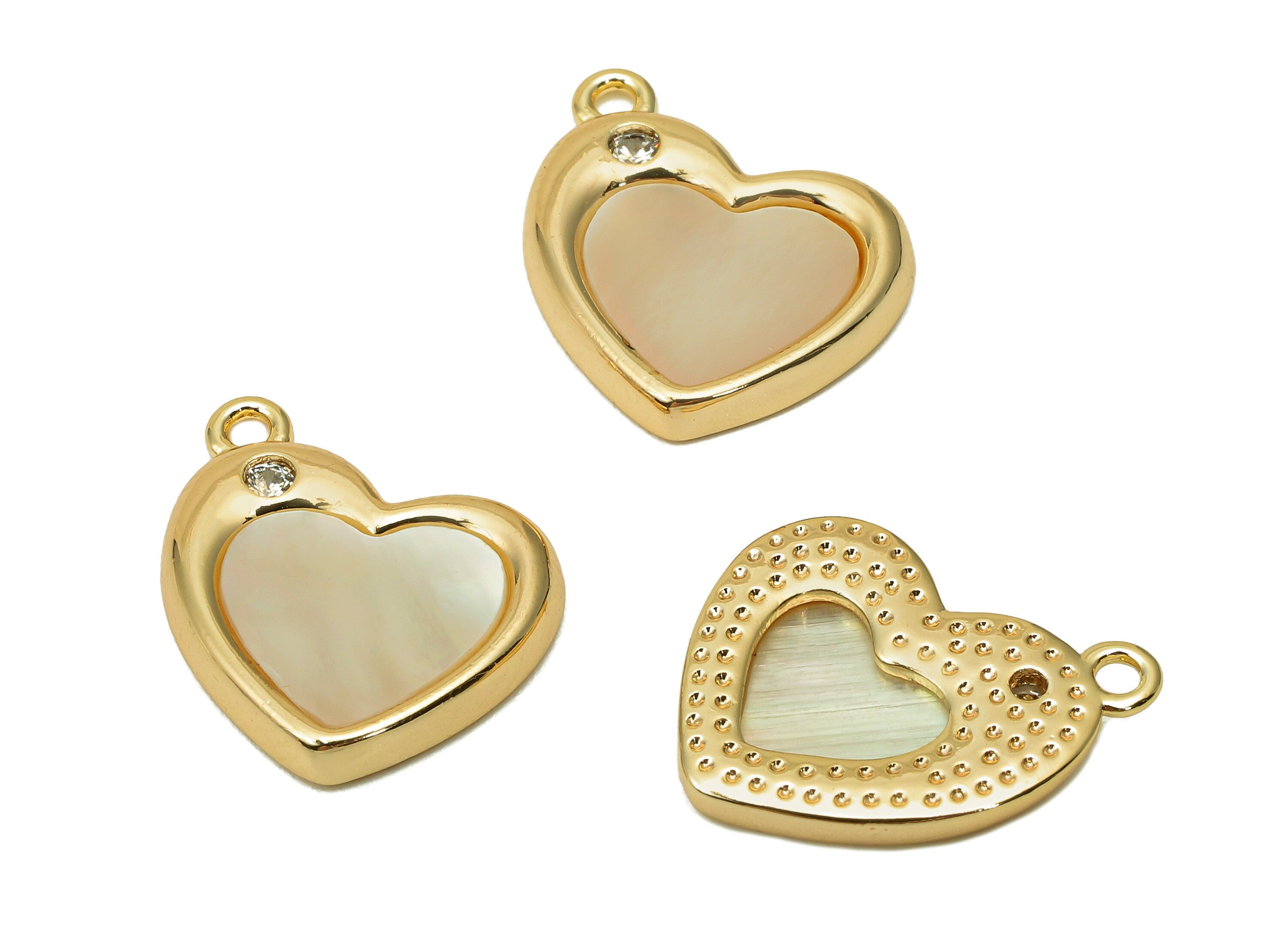 Brass Shell Heart Earring Charm - Zircon Heart Earring - Spot Heart Pendant With Loop - 18K Real Gold Plating - 15.4x14.7x2.3mm-RGP5667 - DOMEDBAZAAR