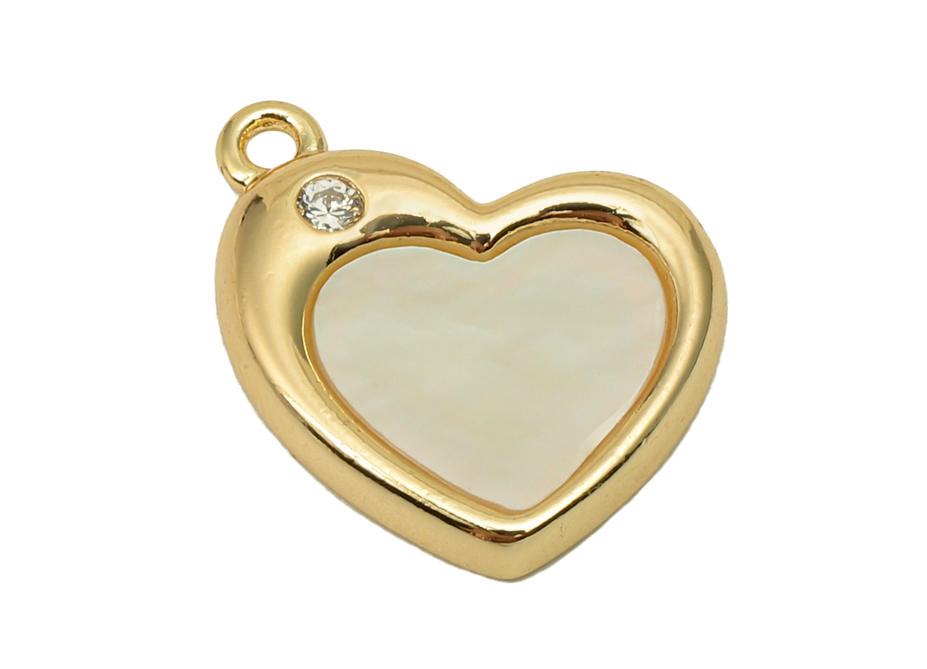 Brass Shell Heart Earring Charm - Zircon Heart Earring - Spot Heart Pendant With Loop - 18K Real Gold Plating - 15.4x14.7x2.3mm-RGP5667 - DOMEDBAZAAR