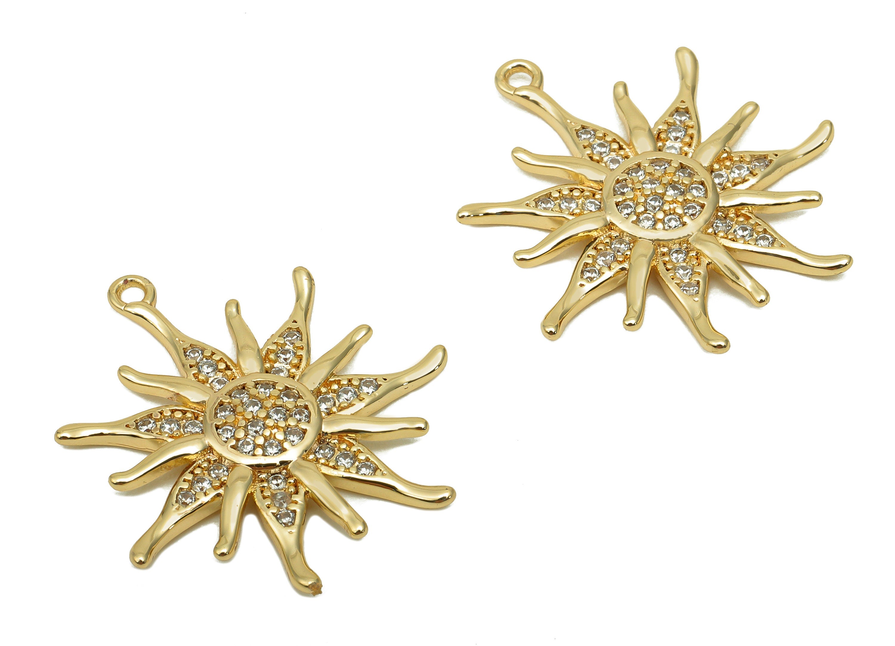 Brass Sun Earring Charm - Gold Zircon Dots Sun Earring - Spot Pendant With Loop - 18K Real Gold Plating Charm - 22.8x21.3x2.3mm - RGP5668 - DOMEDBAZAAR