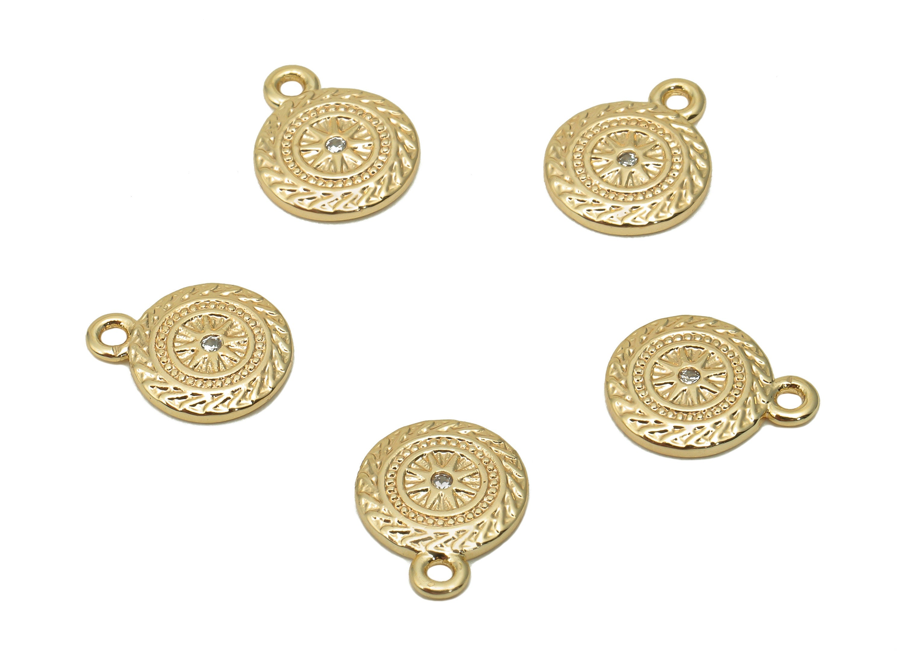 Brass Textured Mini Round Earring - Zircon Antique Look Charm - Star Dots Pendant With Loop - 18K Real Gold Plating - 10.3x8.3x1.2mm-RGP5669 - DOMEDBAZAAR