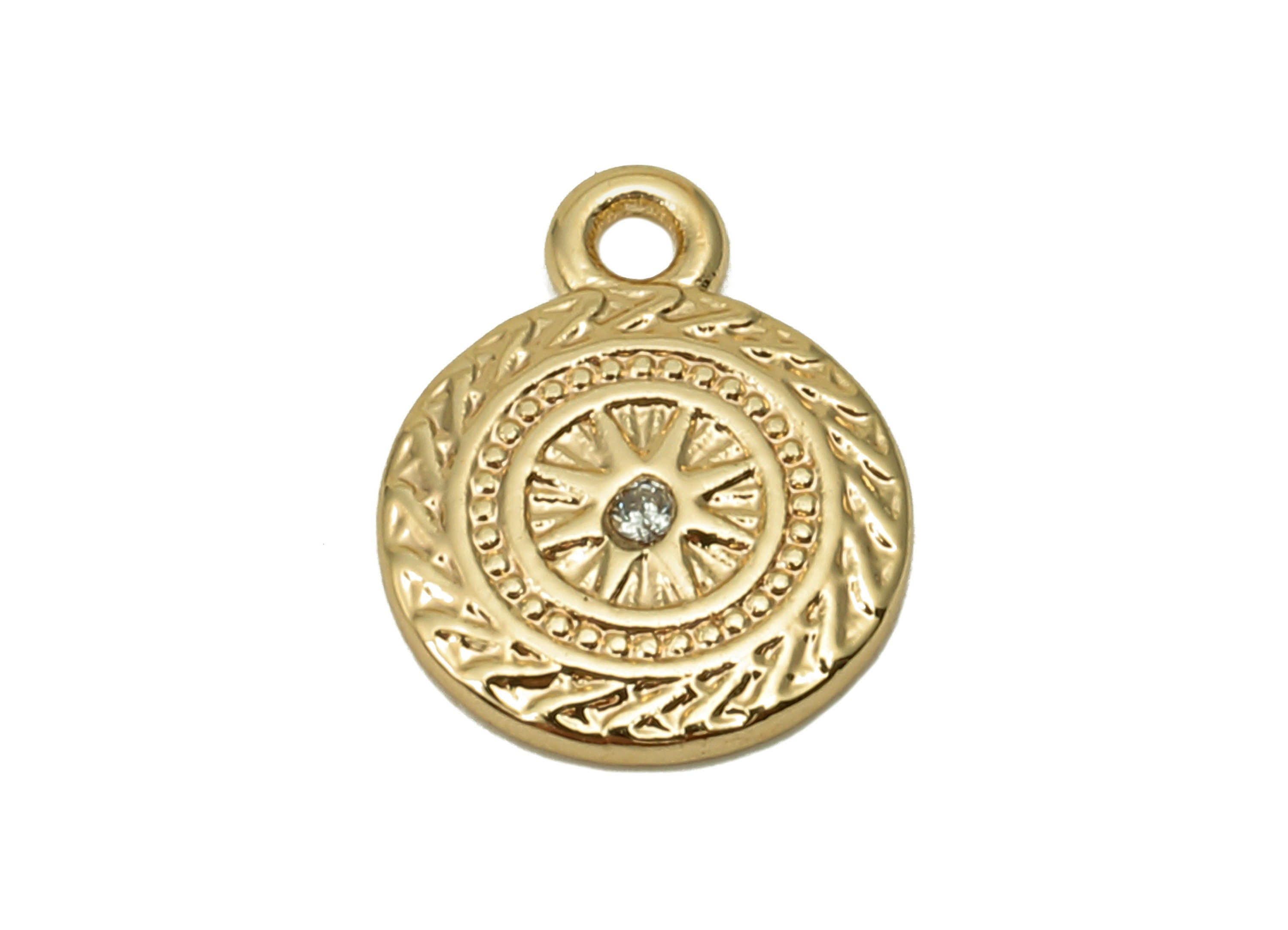 Brass Textured Mini Round Earring - Zircon Antique Look Charm - Star Dots Pendant With Loop - 18K Real Gold Plating - 10.3x8.3x1.2mm-RGP5669 - DOMEDBAZAAR