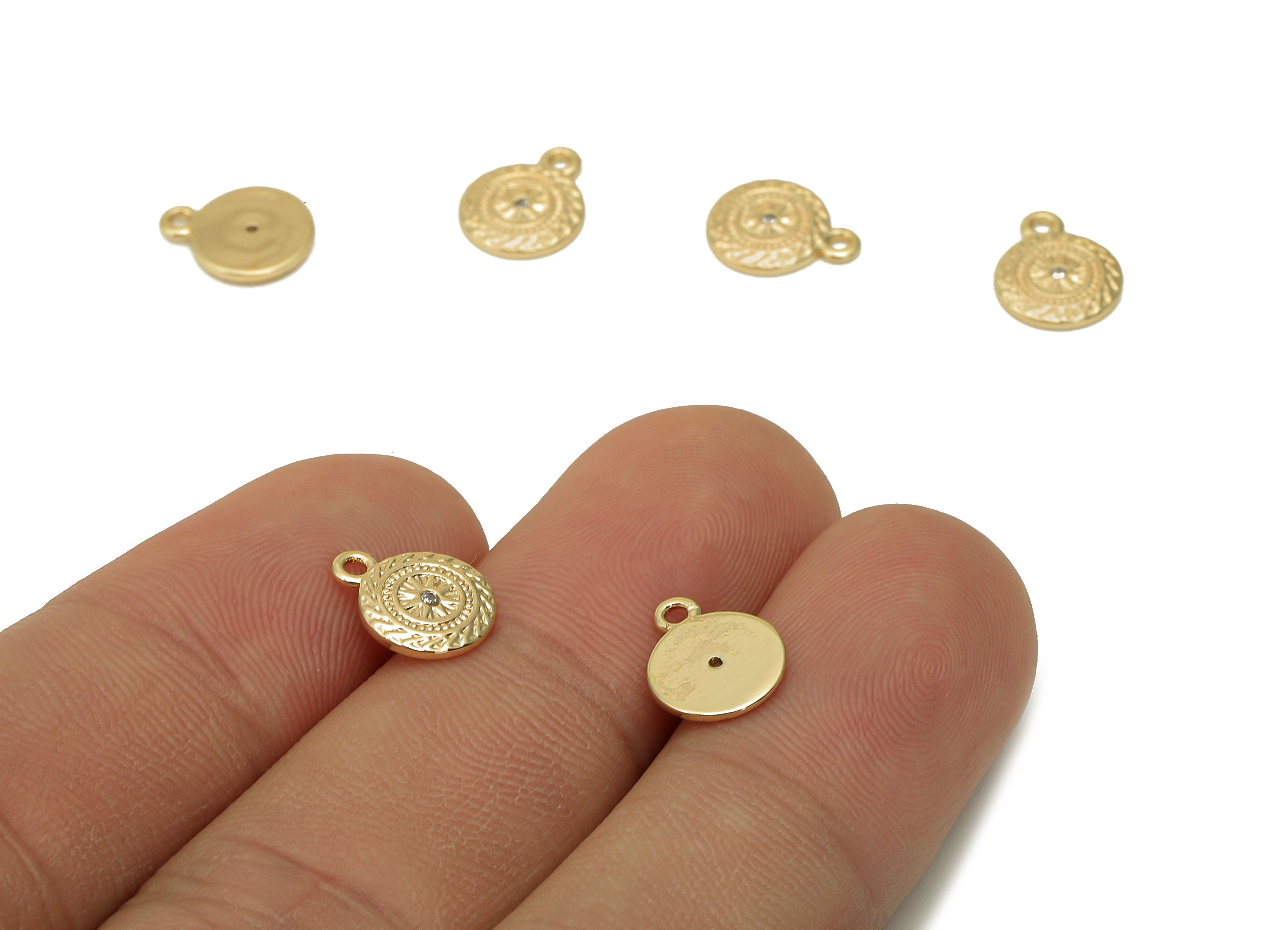 Brass Textured Mini Round Earring - Zircon Antique Look Charm - Star Dots Pendant With Loop - 18K Real Gold Plating - 10.3x8.3x1.2mm-RGP5669 - DOMEDBAZAAR