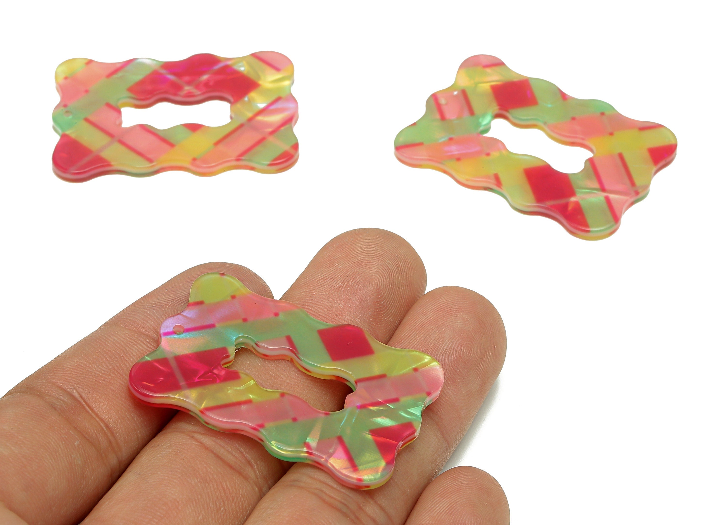 PVC Wave Rectangle Earring Charm - Rainbow Color Hollow Wave Rectangle Pendant - Charm With Hole - Color Code: A872 - 40x28x3mm -AC2544-A872 - DOMEDBAZAAR