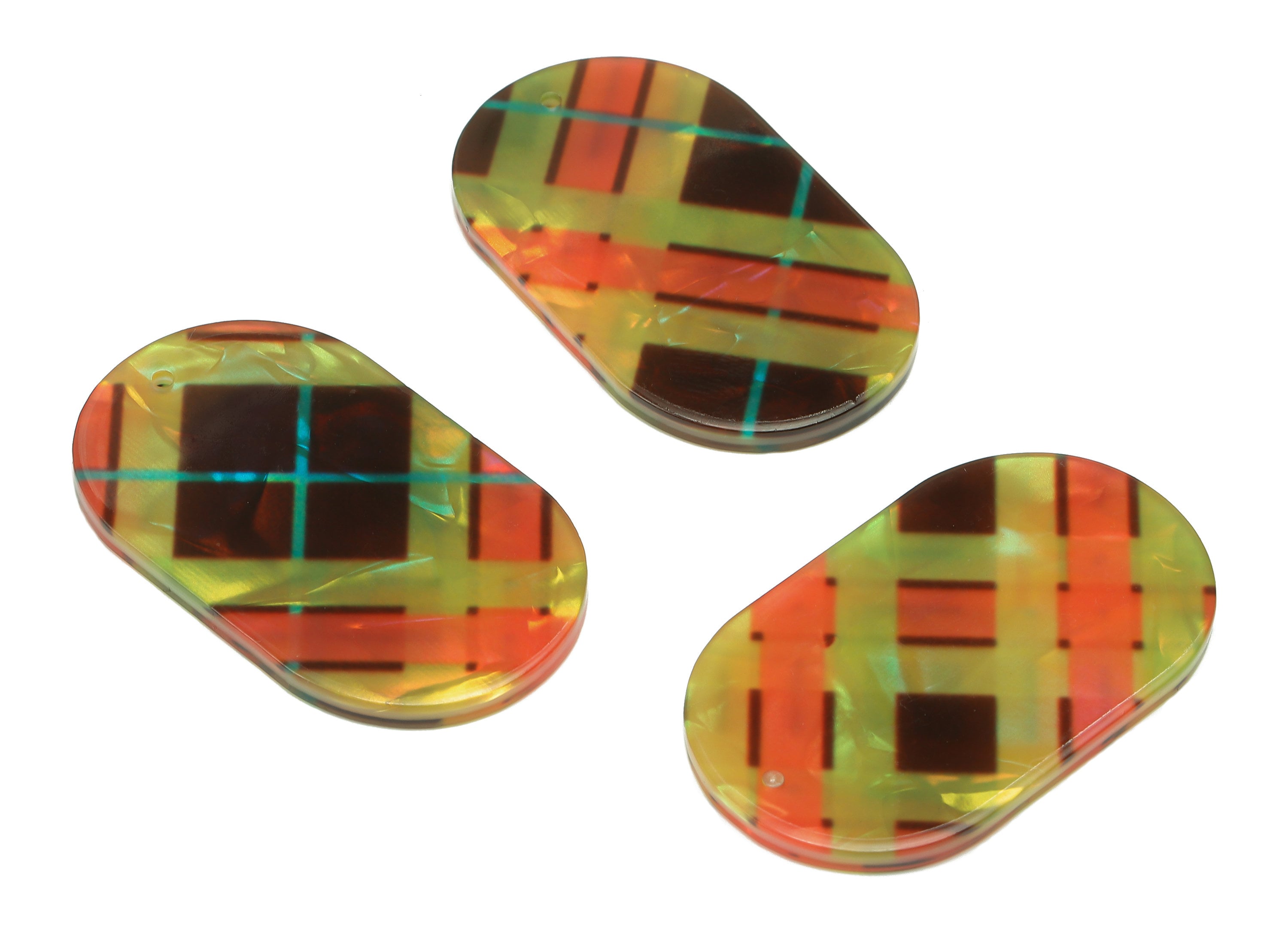 PVC Oval Lattice Print Earring Charm - Rainbow Color Oval Pendant With Hole - Earring Findings - Color Code: A876 - 40x24x3mm - AC2547-A876 - DOMEDBAZAAR