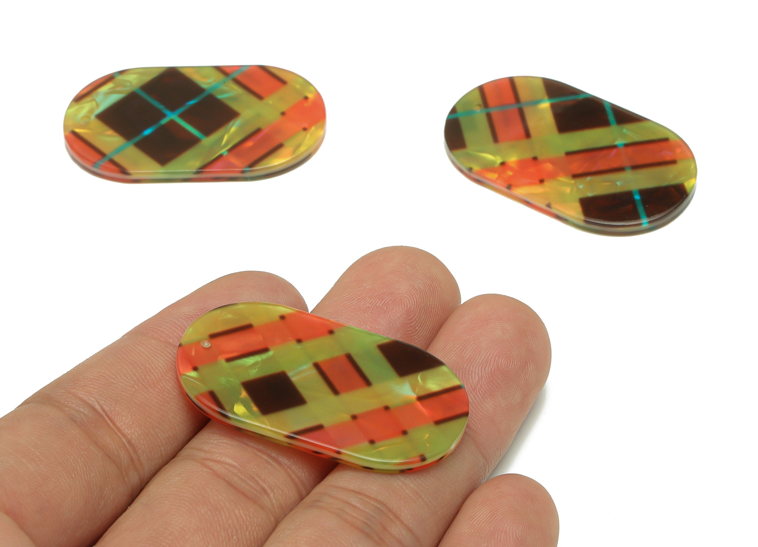 PVC Oval Lattice Print Earring Charm - Rainbow Color Oval Pendant With Hole - Earring Findings - Color Code: A876 - 40x24x3mm - AC2547-A876 - DOMEDBAZAAR