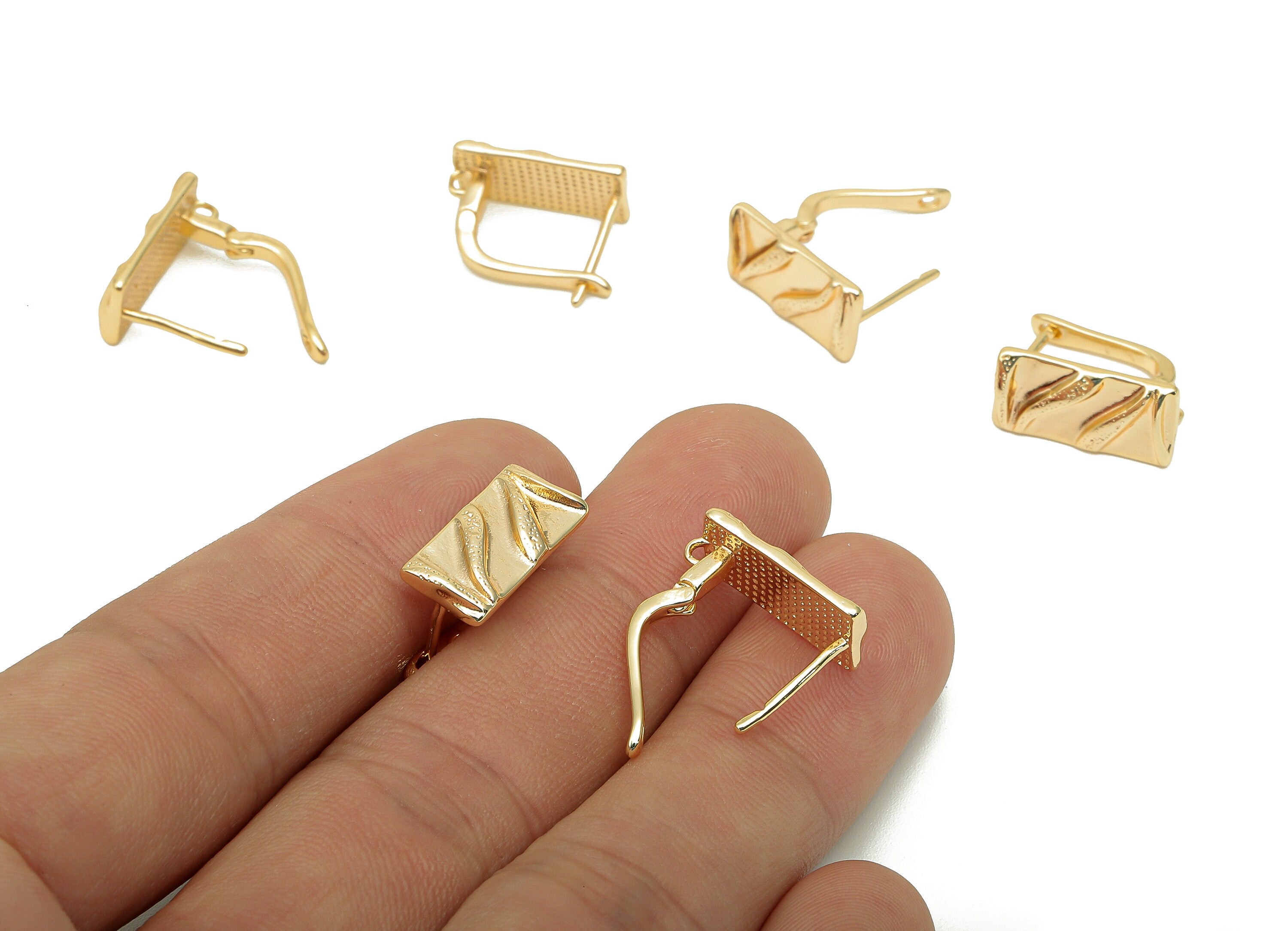 Brass Textured Rectangle Earring Clasp - Gold Leverback Earring - Relief Clasps Earrings - 18K Real Gold Plating - 16.2x13.4x1.8mm - RGP5673 - DOMEDBAZAAR