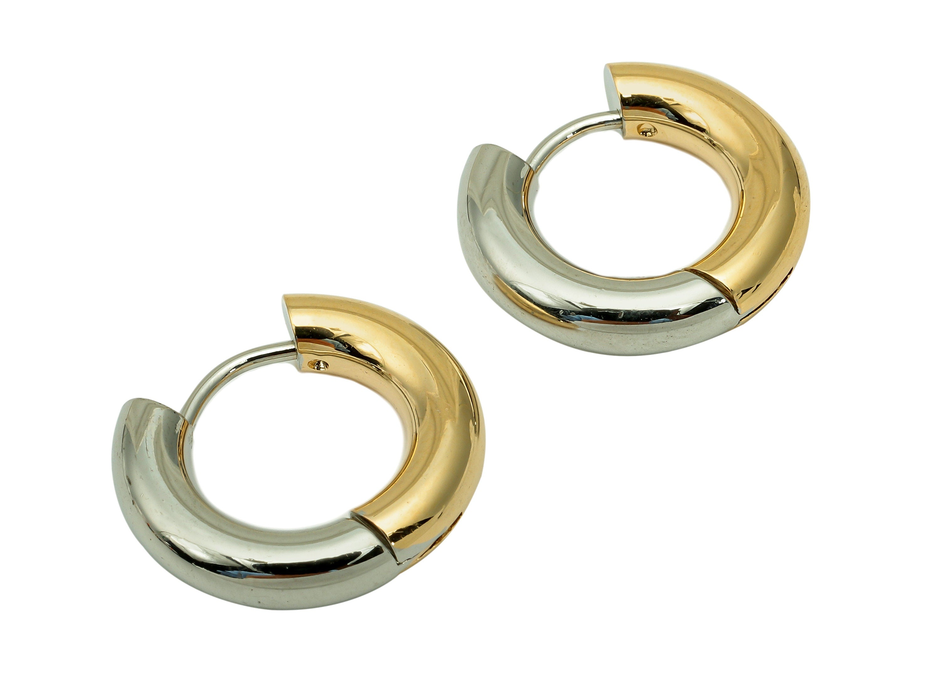 Brass Thick Huggie Hoop Earring - Round Huggies Clasp - Stainless Steel Stud - 18K Real Gold & White Gold Plating - 18.7x17x4.1mm-RGP5676-18 - DOMEDBAZAAR