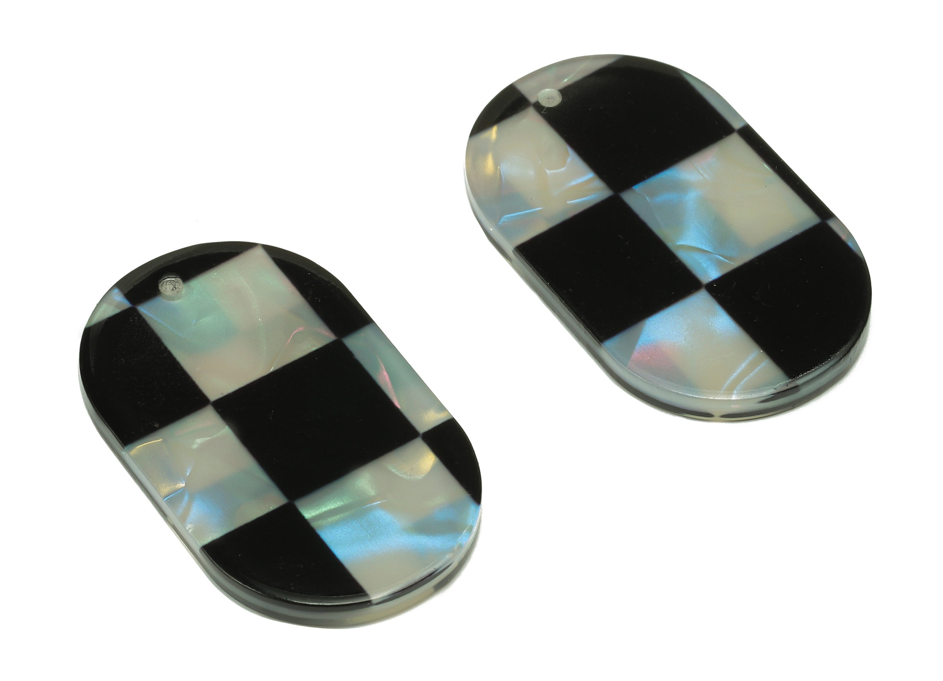 PVC Oval Earring Charm - Black & White Checkered Oval Pendant With Hole - Earring Findings - Color Code: A878 - 33x20x2.5mm - AC2548-A878 - DOMEDBAZAAR