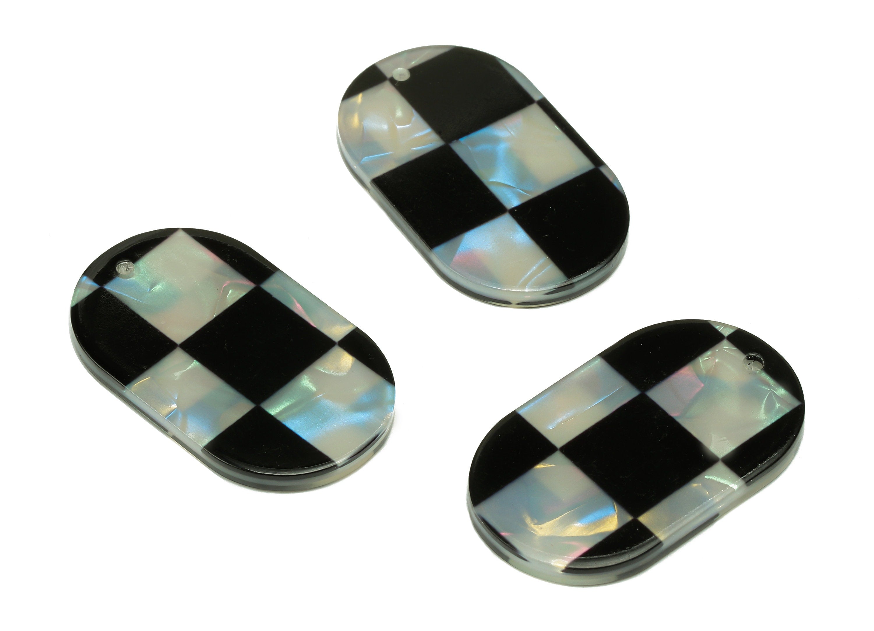 PVC Oval Earring Charm - Black & White Checkered Oval Pendant With Hole - Earring Findings - Color Code: A878 - 33x20x2.5mm - AC2548-A878 - DOMEDBAZAAR