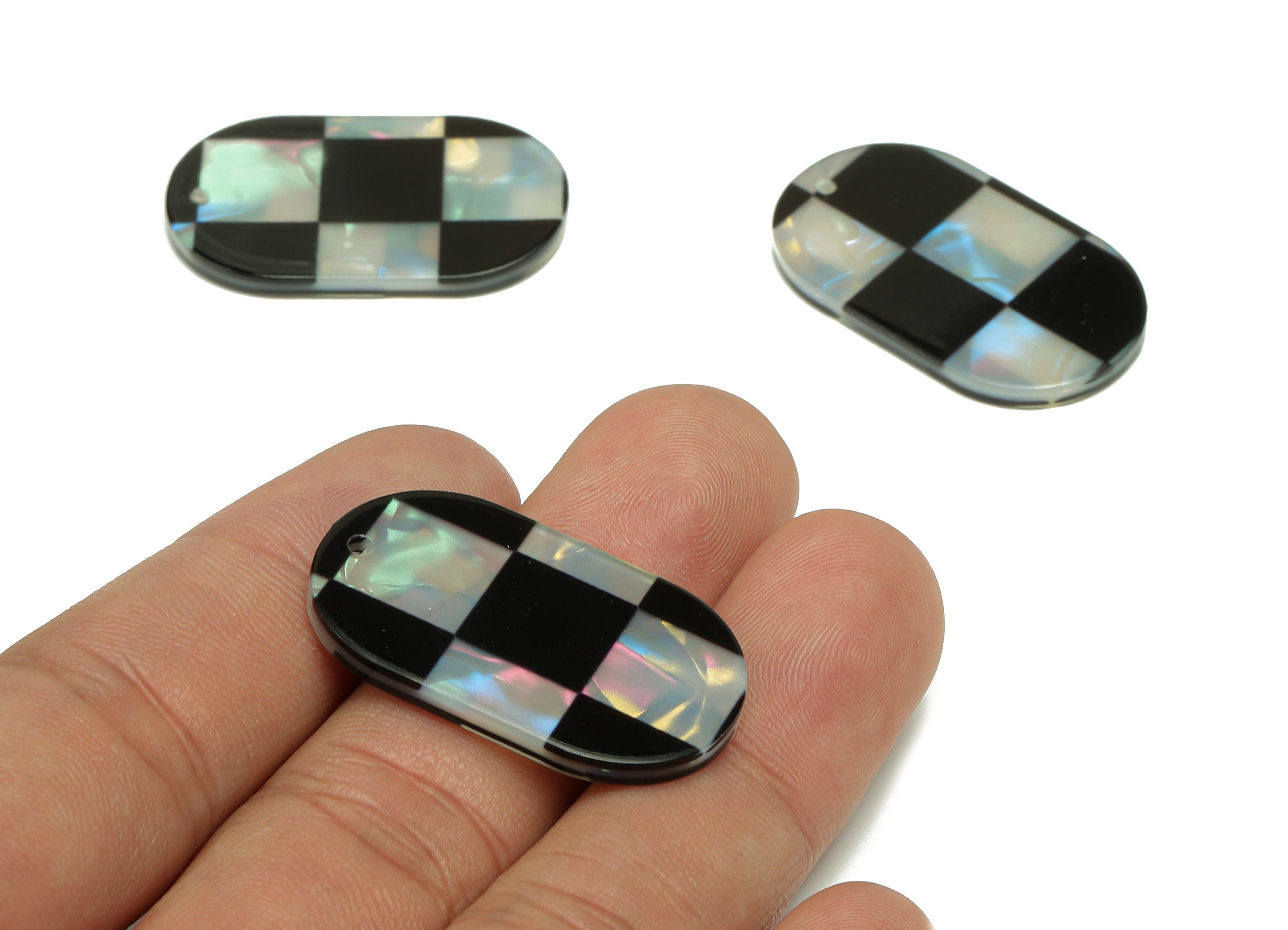 PVC Oval Earring Charm - Black & White Checkered Oval Pendant With Hole - Earring Findings - Color Code: A878 - 33x20x2.5mm - AC2548-A878 - DOMEDBAZAAR