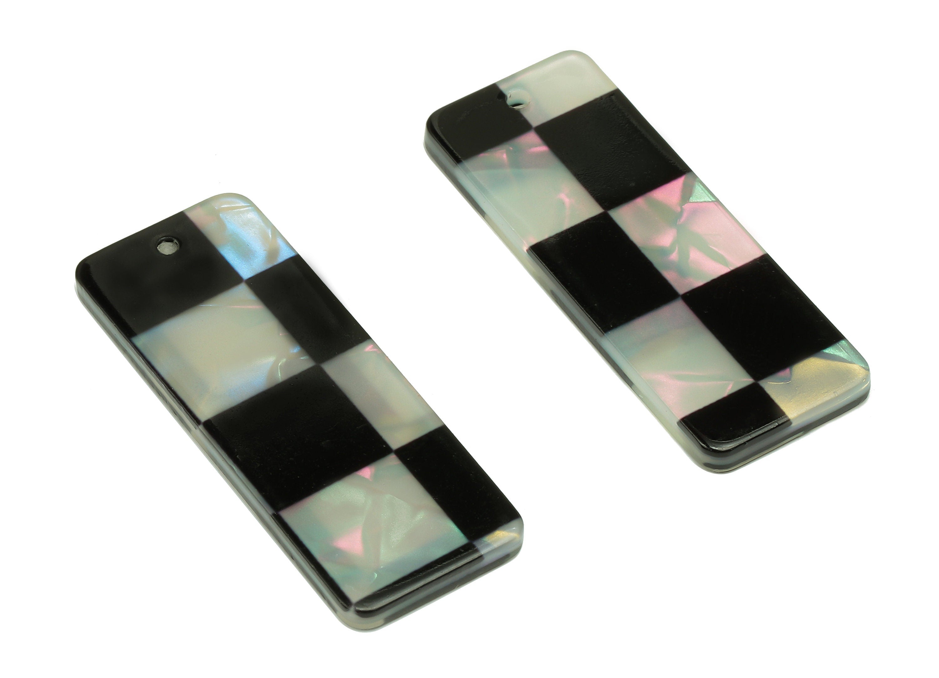 PVC Rectangle Earring Charm - Black & White Checkered Pendant With Hole - Earring Findings - Color Code: A878 - 40x15x2.4mm - AC2549-A878 - DOMEDBAZAAR