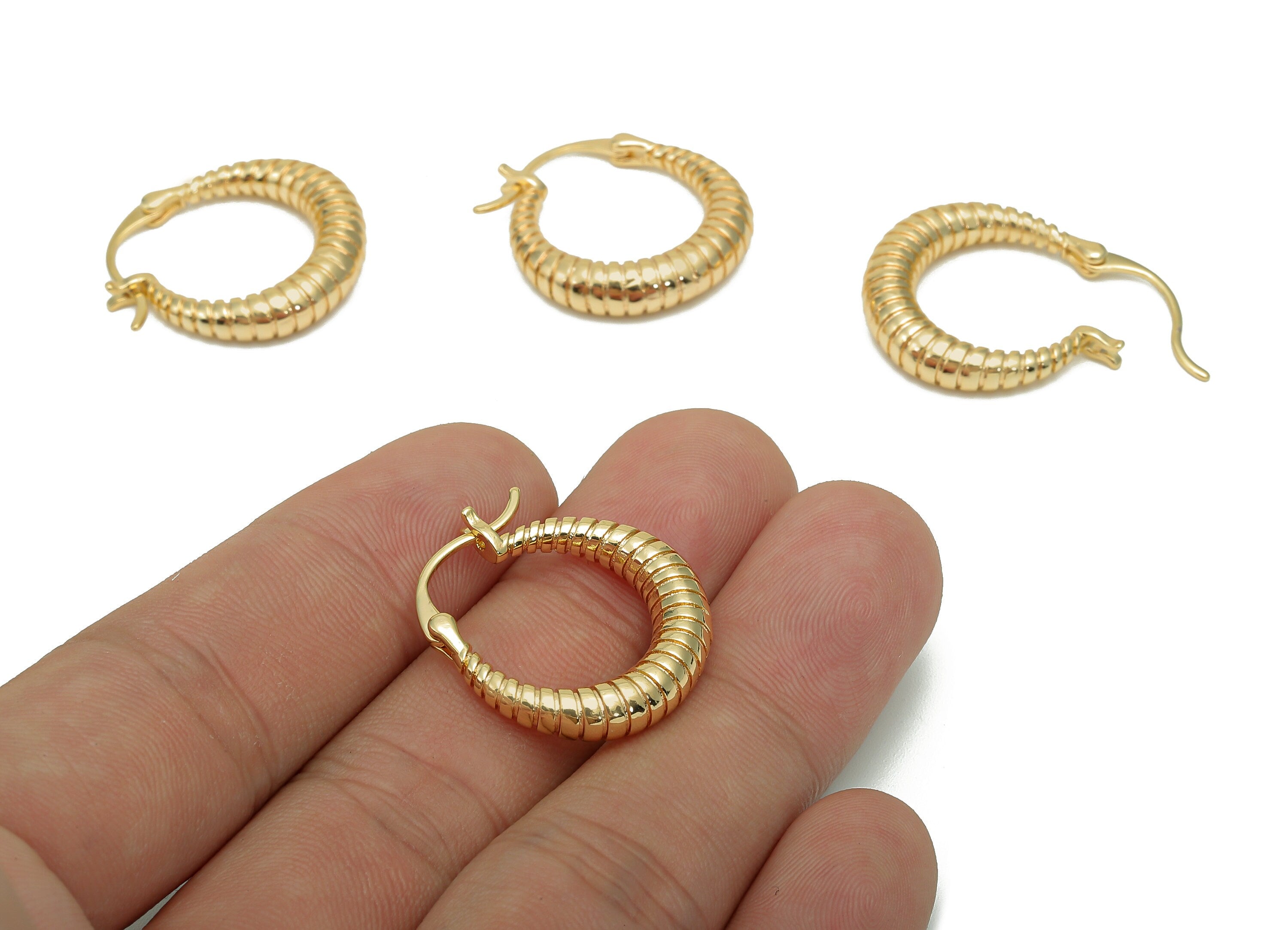 Brass Twisted Hoop Studs Earrings - Gold Textured Thick Circle Hoop - Round Earring Clasp - 18K Real Gold Plating - 24x22x5.1mm - RGP5679 - DOMEDBAZAAR