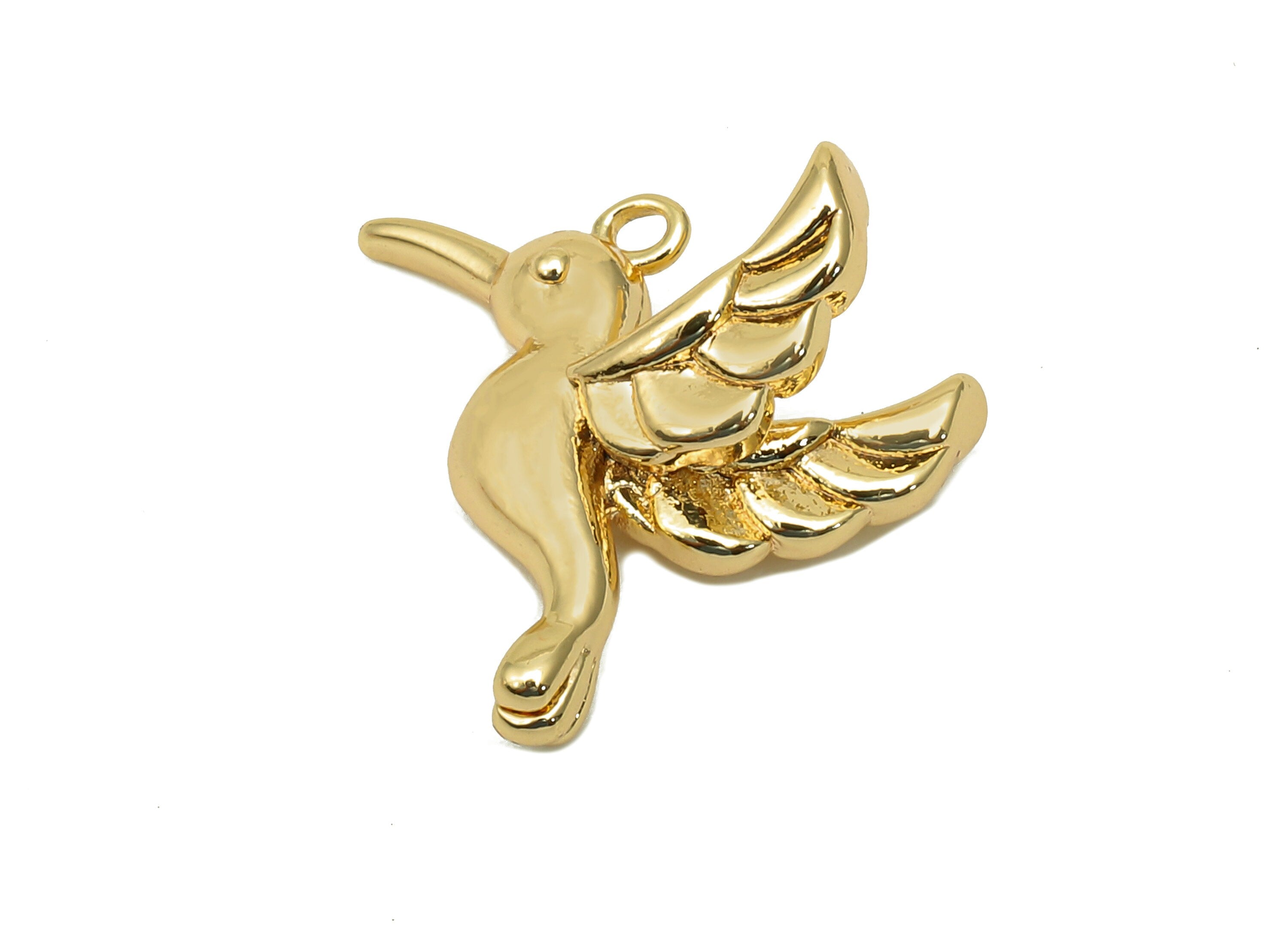 Brass Hummingbird Earrings Charms - Gold Animal Earring - Bird Pendant With Loop - 18K Real Gold Plating Charm - 15.1x17.3x3.7mm - RGP5687 - DOMEDBAZAAR