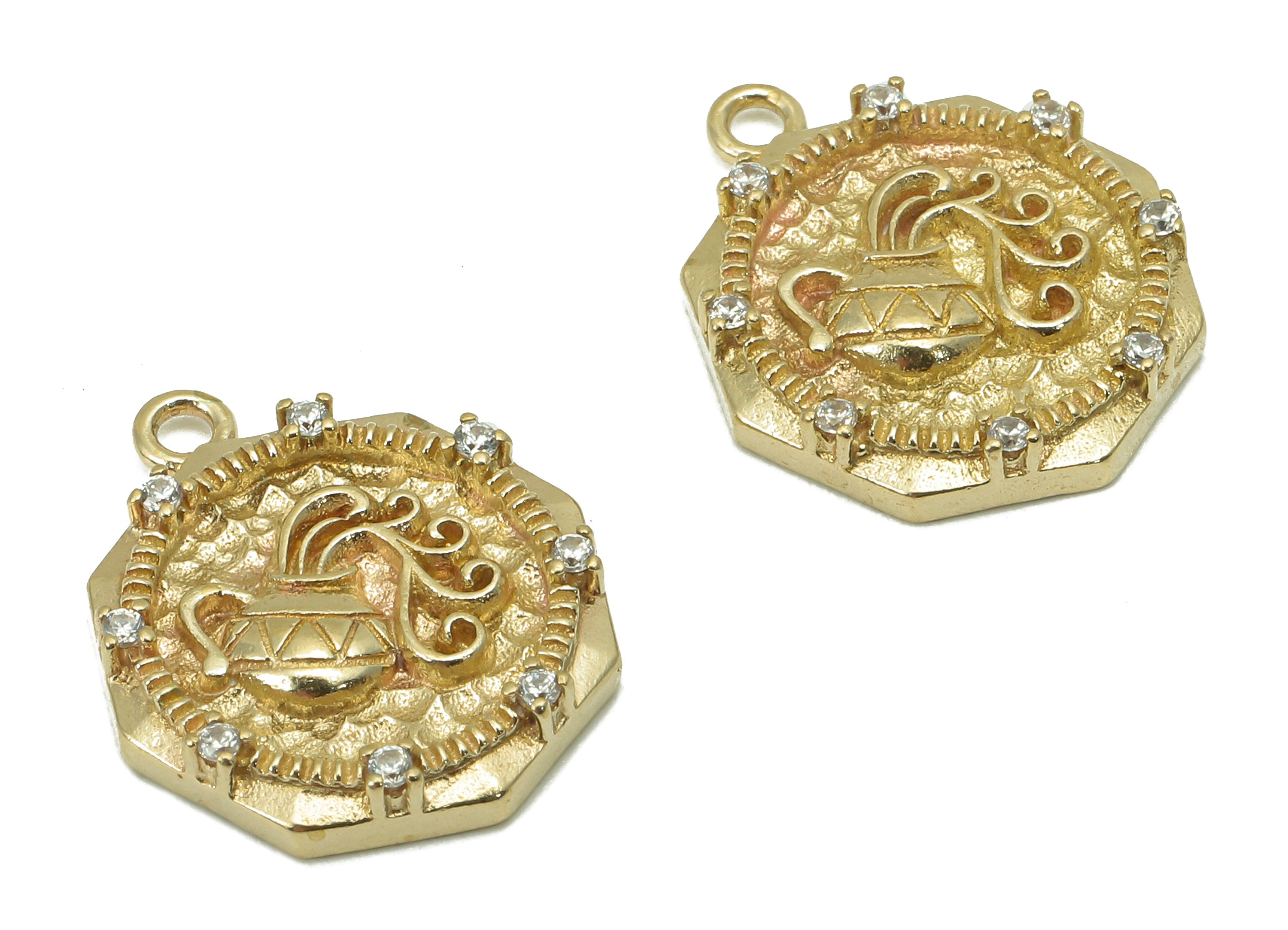 Brass Hammered Thick Octagon Charm - Raw Brass CZ Kettle Earring - Vase Pendant With Loop - Magic Lamp Necklace - 17.5x14.6x2.9mm - PP8186 - DOMEDBAZAAR