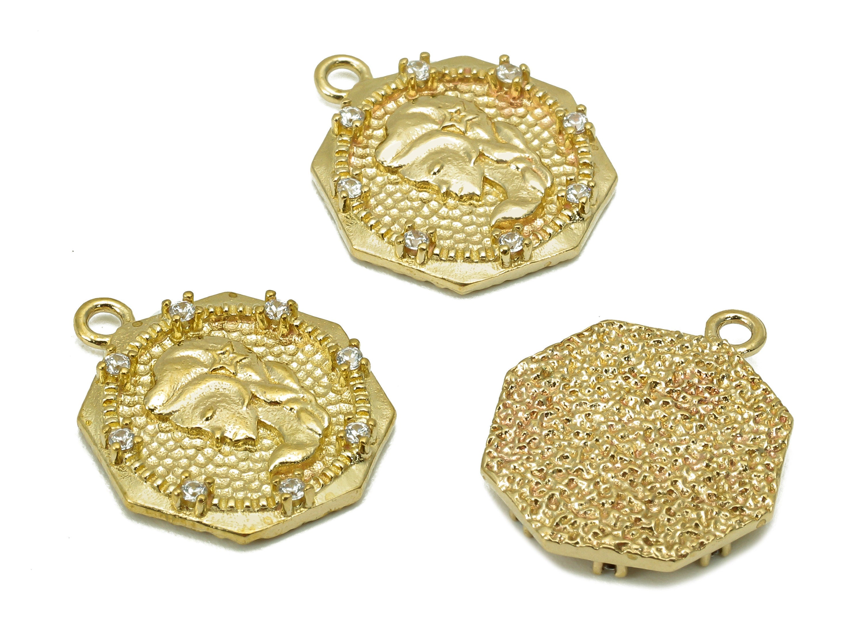 Brass Hammered Thick Octagon Charm - Raw Brass CZ Girl Earring - Rapunzel Pendant With Loop - Necklace Charm - 17.3x14.8x2.5mm - PP8187 - DOMEDBAZAAR