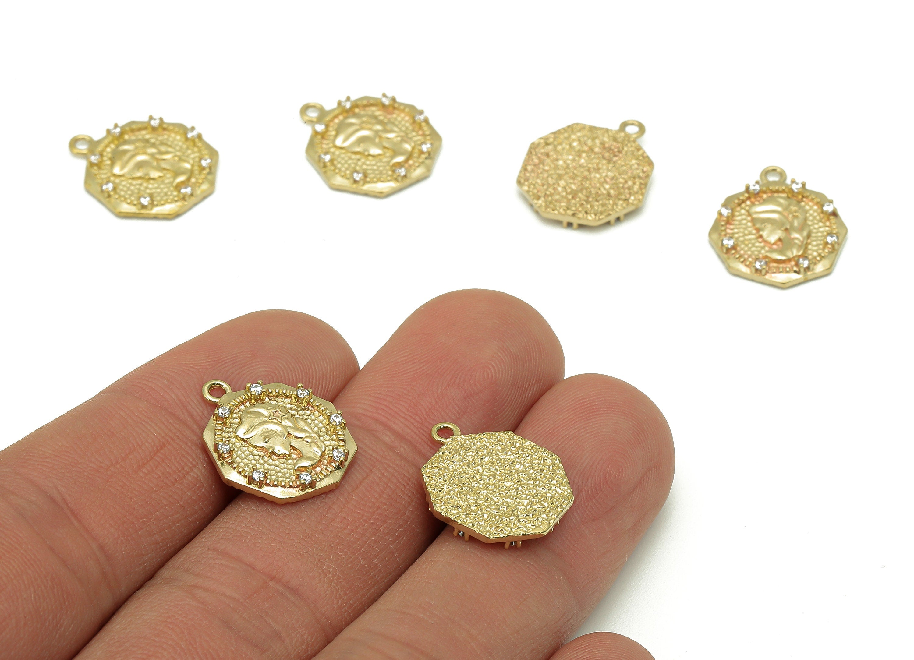 Brass Hammered Thick Octagon Charm - Raw Brass CZ Girl Earring - Rapunzel Pendant With Loop - Necklace Charm - 17.3x14.8x2.5mm - PP8187 - DOMEDBAZAAR