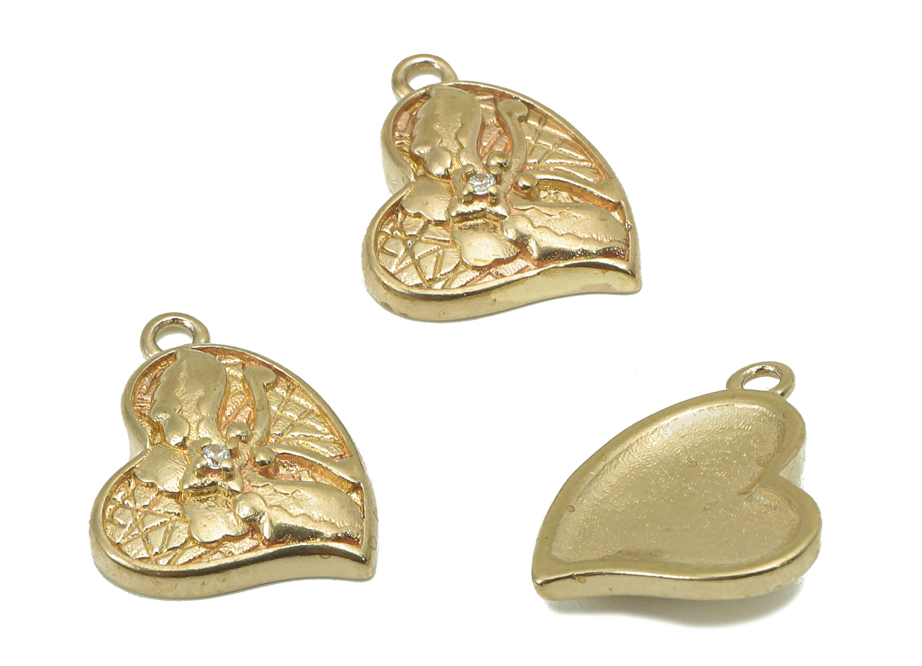 Brass Textured Heart Earring Charm - Raw Brass CZ Butterfly Earring - Pendant With Loop - Charm For Necklace - 15.9x14.5x2mm - PP8190 - DOMEDBAZAAR