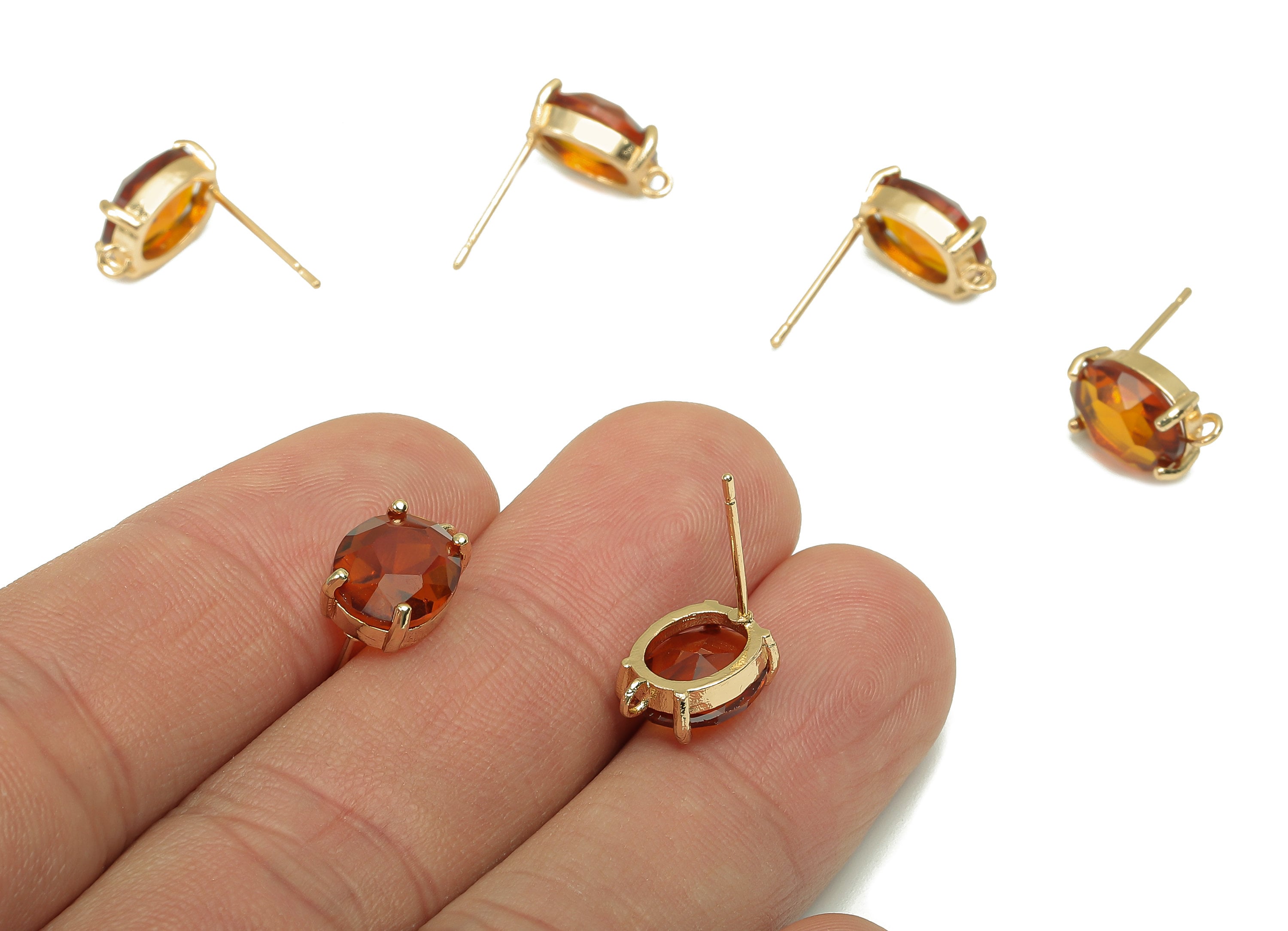 Brass Frame Oval Stud Earring - Faceted Clear Orange Glass With Loop - Silver Stud - Gold Tone Plating - 12.2x8x4mm - GS1156B - DOMEDBAZAAR