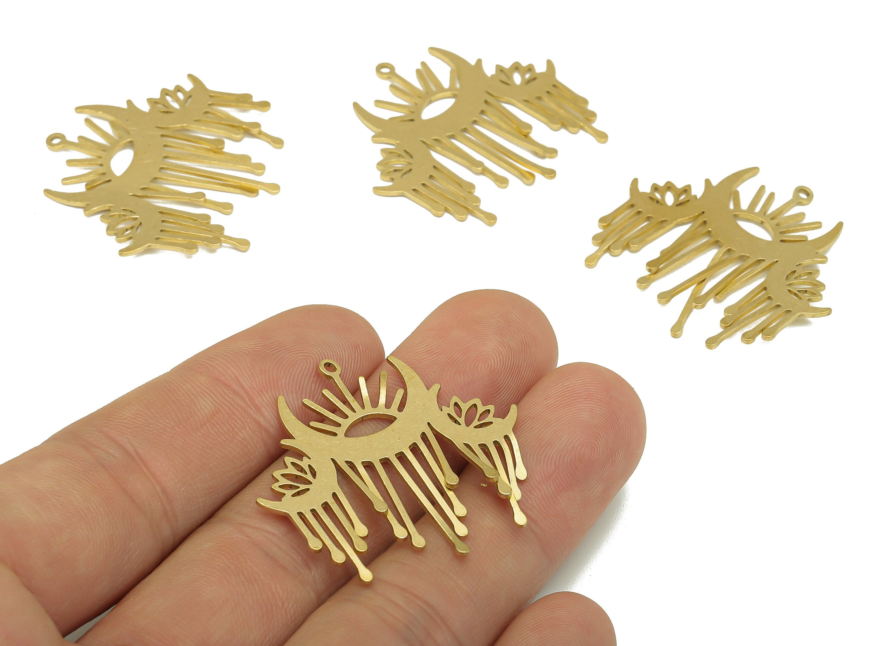 Brass Crescent Pendant - Raw Brass Moon Earring Charm - Sun Cutout Earring With Loop - Flower Charm For Necklace - 25.1x23.2x0.6mm - PPA6629 - DOMEDBAZAAR