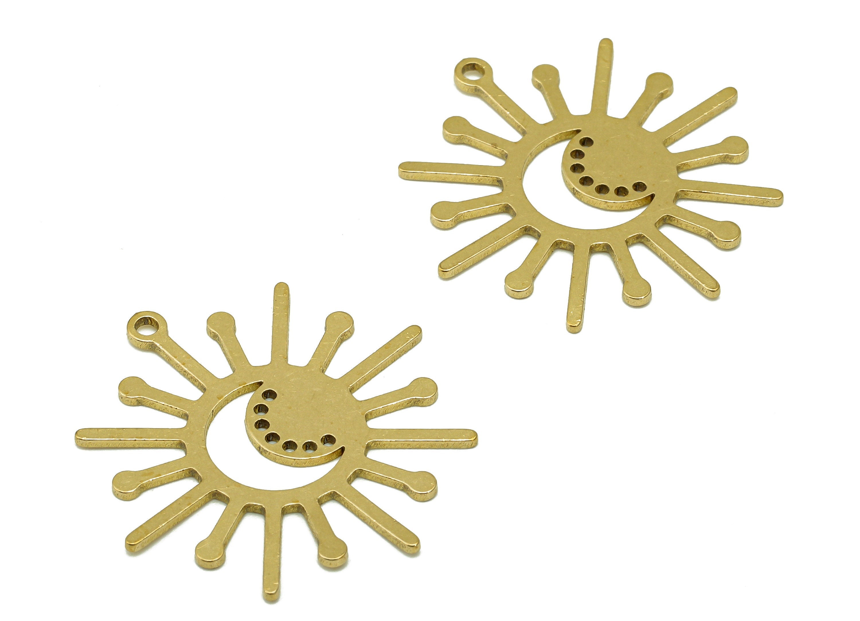 Brass Sun Crescent Earring Charm - Raw Brass Celestial Sun Moon Earring - Crescent Dots Pendant With Loop - For Necklace - 34x16x1mm-PPA6662 - DOMEDBAZAAR
