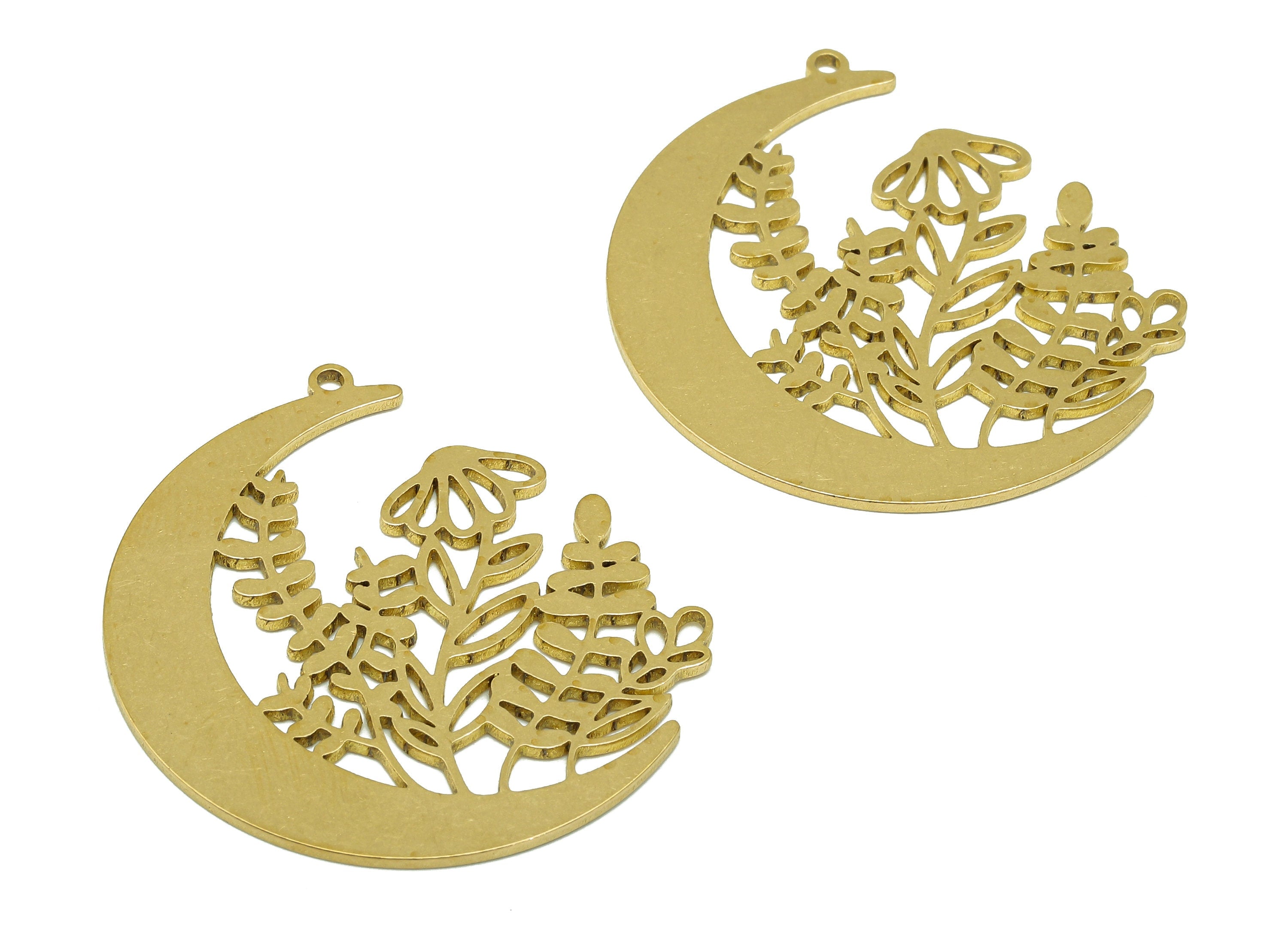 Brass Crescent Earring Charm - Raw Brass Moon Botanical Pendant - Leaves Earring With Loop - Flower Charm For Necklace - 36x34x1mm - PPA6677 - DOMEDBAZAAR