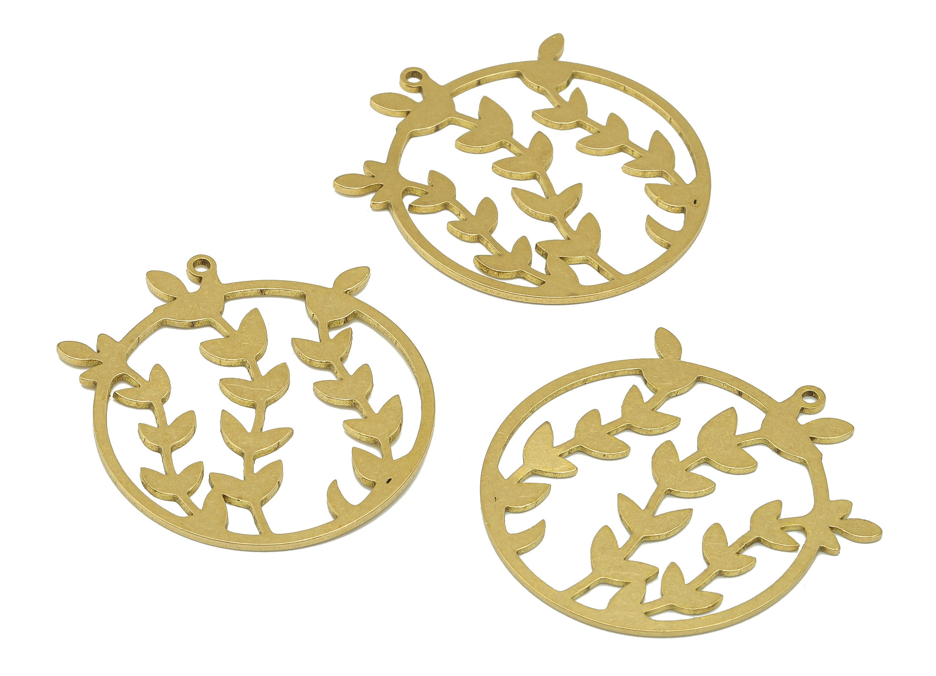 Brass Round Leaf Earring Charm - Raw Brass Circle Earring - Branch Pendant With Loop - Leaves Charm For Necklace - 35.9x31.4x0.9mm - PPA6719 - DOMEDBAZAAR