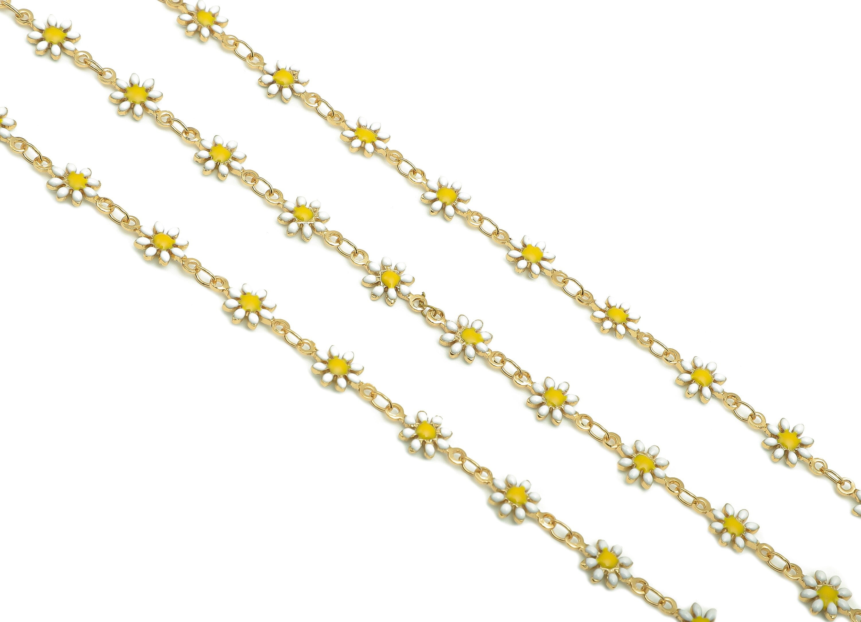 Brass Daisy Chain - Enamel Flower Chains - Floral Link Chain Findings - For Bracelet - 18K Real Gold Plating - 12.8x7.4x2.3mm - RGP5654A - DOMEDBAZAAR