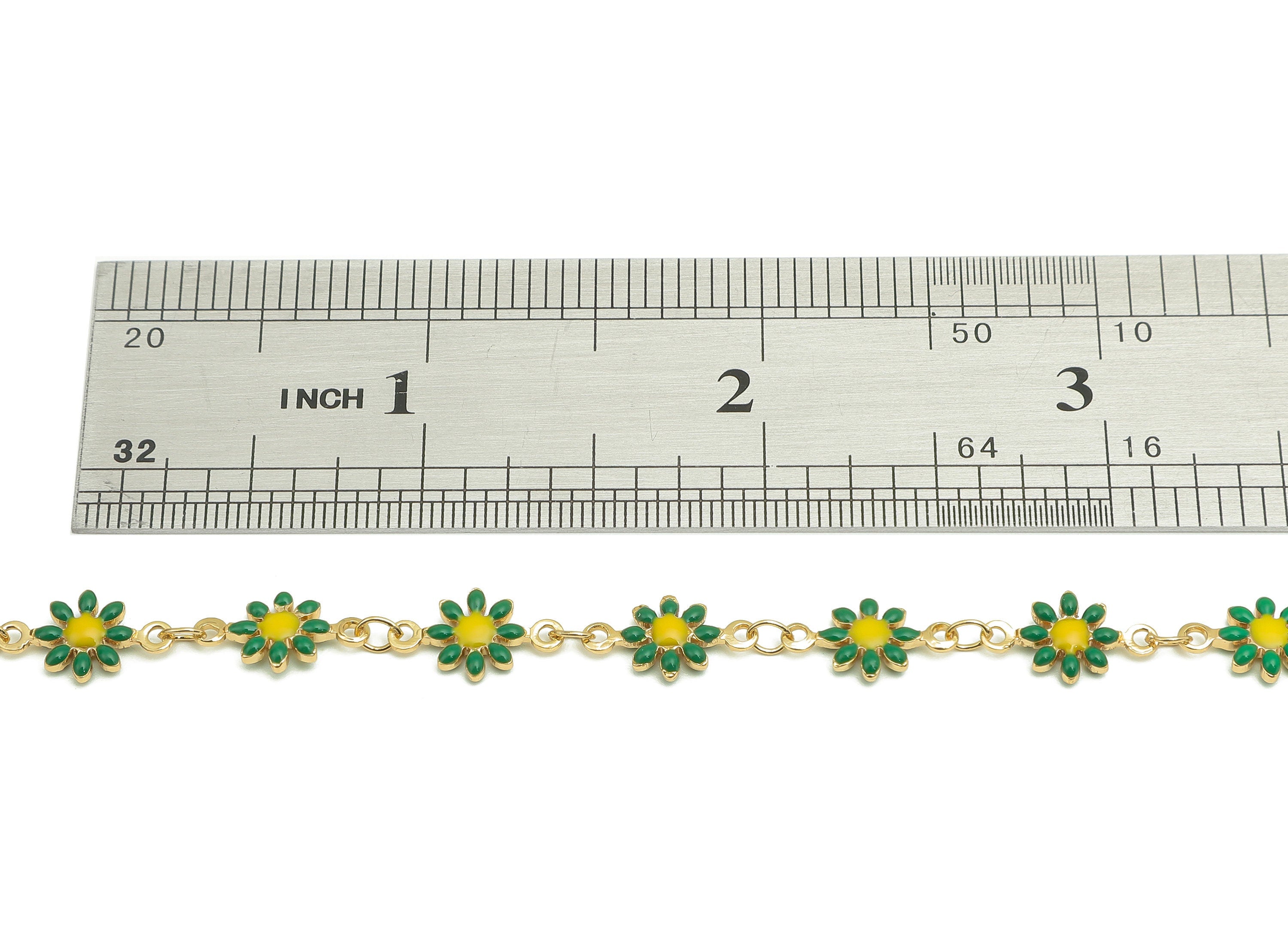 Brass Daisy Chain - Enamel Green Flower Chains - Floral Link Chain Findings - For Bracelet - 18K Real Gold Plating - 12.8x7.4x2.3mm-RGP5654D - DOMEDBAZAAR