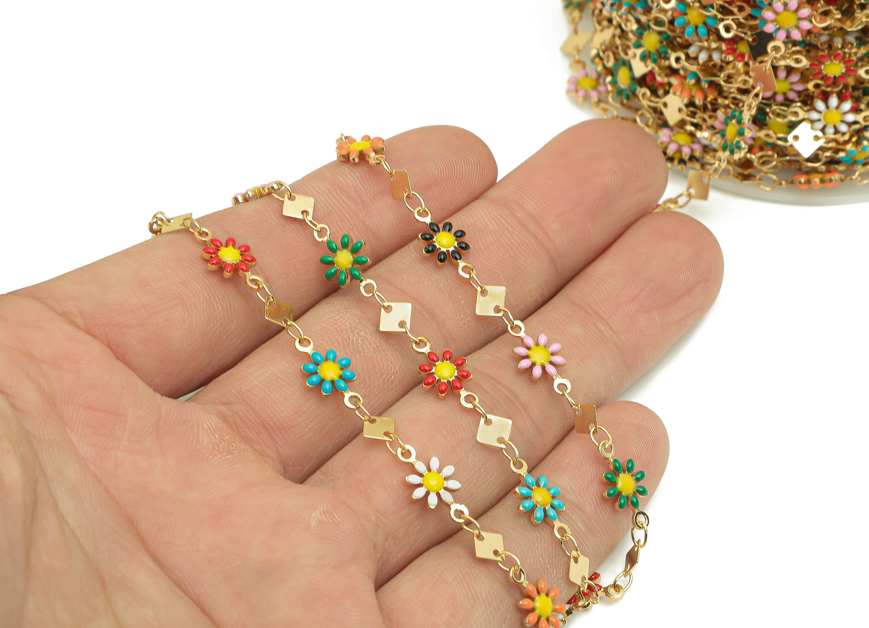 Brass Daisy Chain - Enamel Rainbow Flower Chains - Floral Link Chain - For Bracelet - 18K Real Gold Plating - 12.8x7.4x2.3mm - RGP5654B - DOMEDBAZAAR