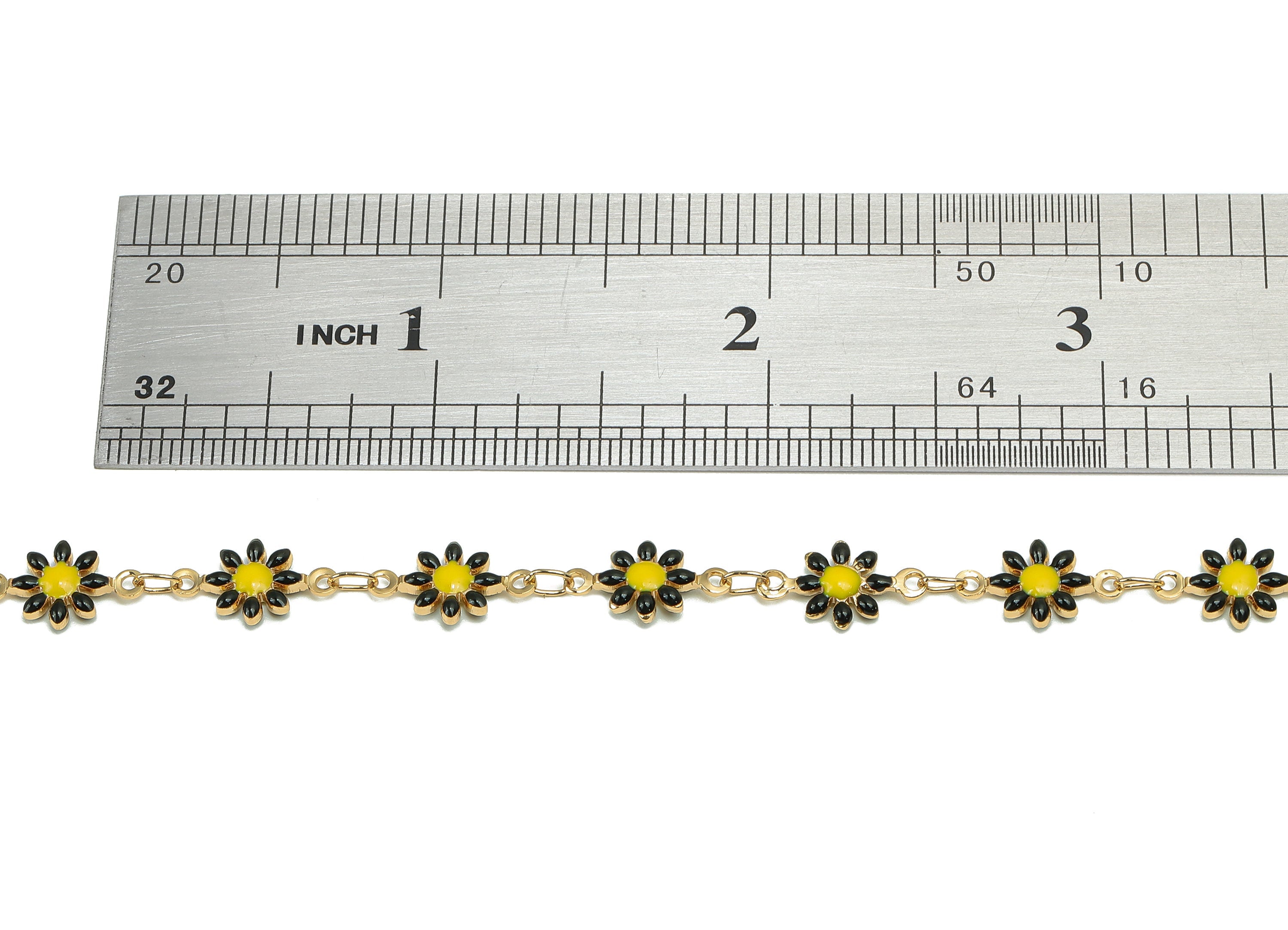 Brass Daisy Chain - Enamel Black Flower Chains - Floral Link Chain Findings - For Bracelet - 18K Real Gold Plating - 12.8x7.4x2.3mm-RGP5654G - DOMEDBAZAAR