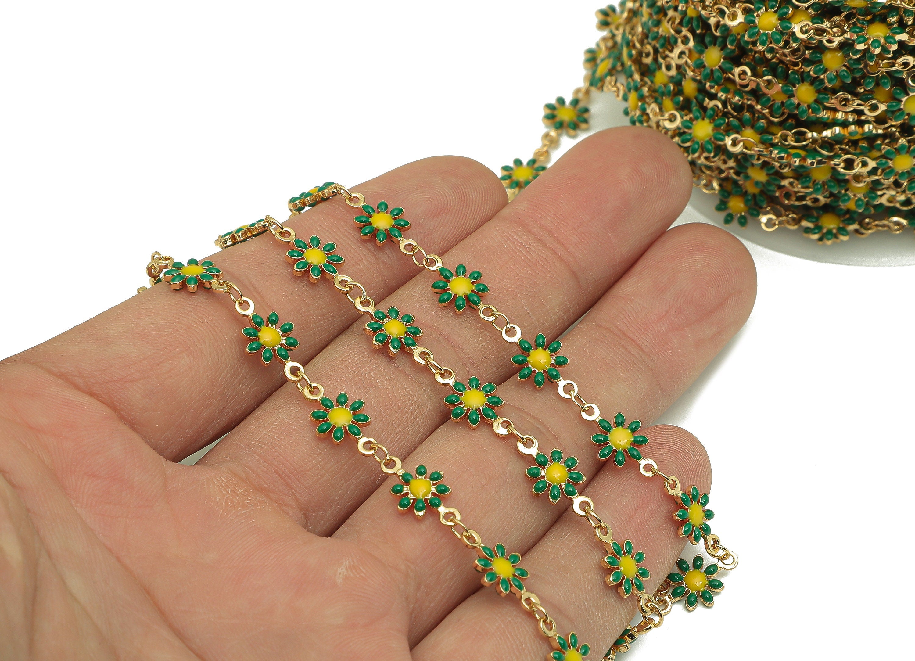 Brass Daisy Chain - Enamel Green Flower Chains - Floral Link Chain Findings - For Bracelet - 18K Real Gold Plating - 12.8x7.4x2.3mm-RGP5654D - DOMEDBAZAAR